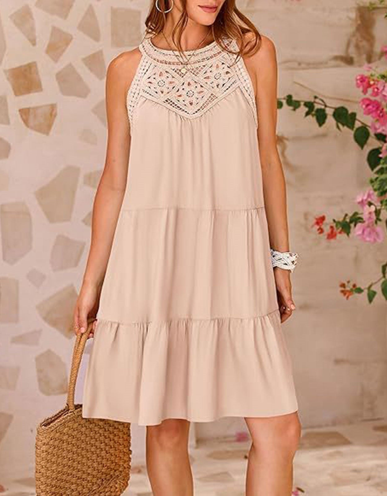 Short Sleeve Hollow Print Pleated Mini Dress