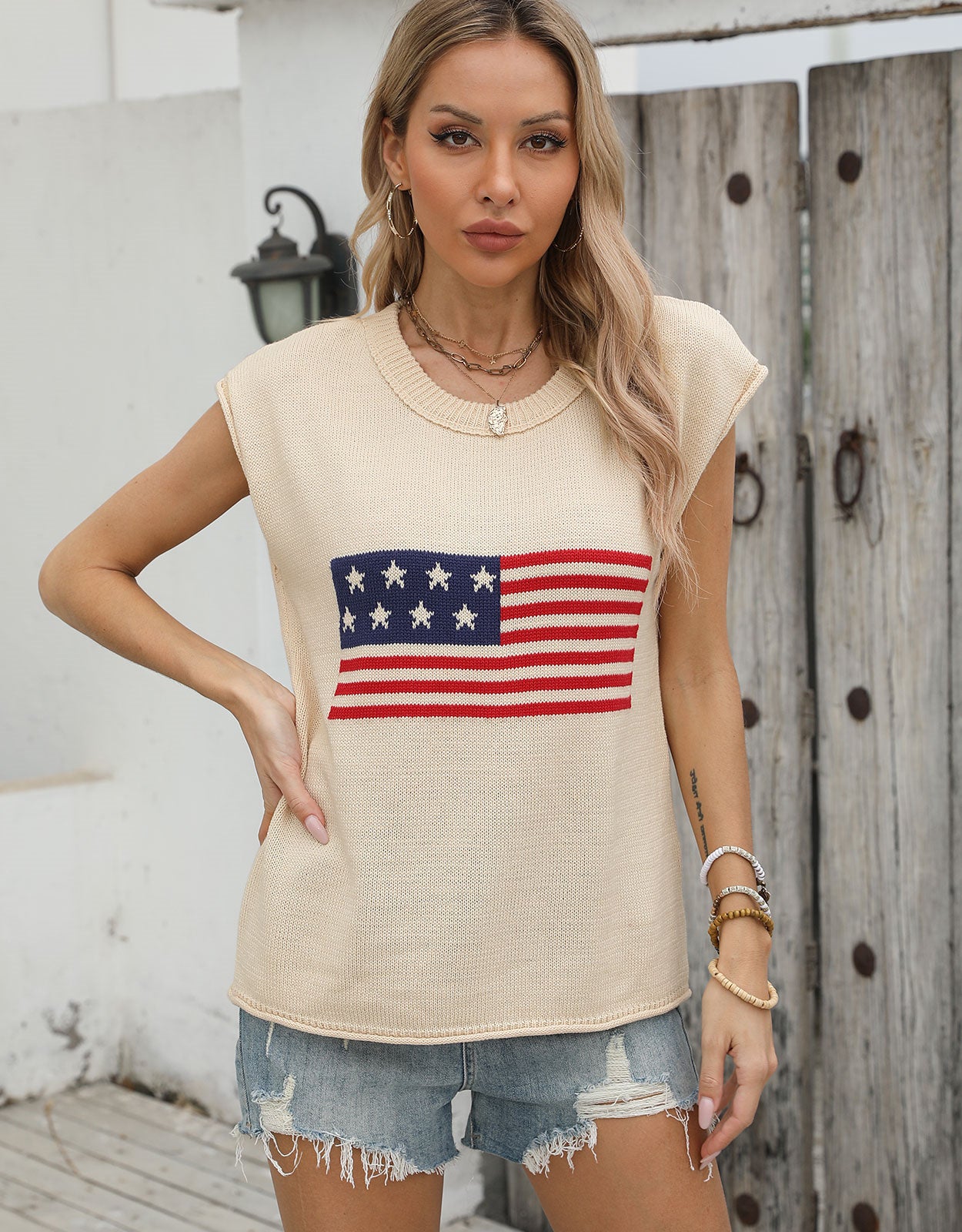 American Flag Loose Short Sleeve Round Neck Sweater