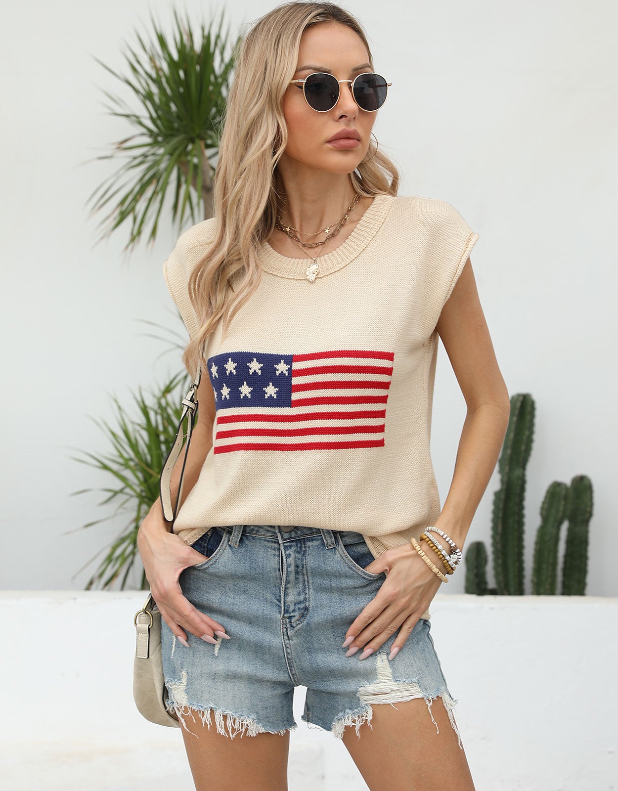 American Flag Loose Short Sleeve Round Neck Sweater