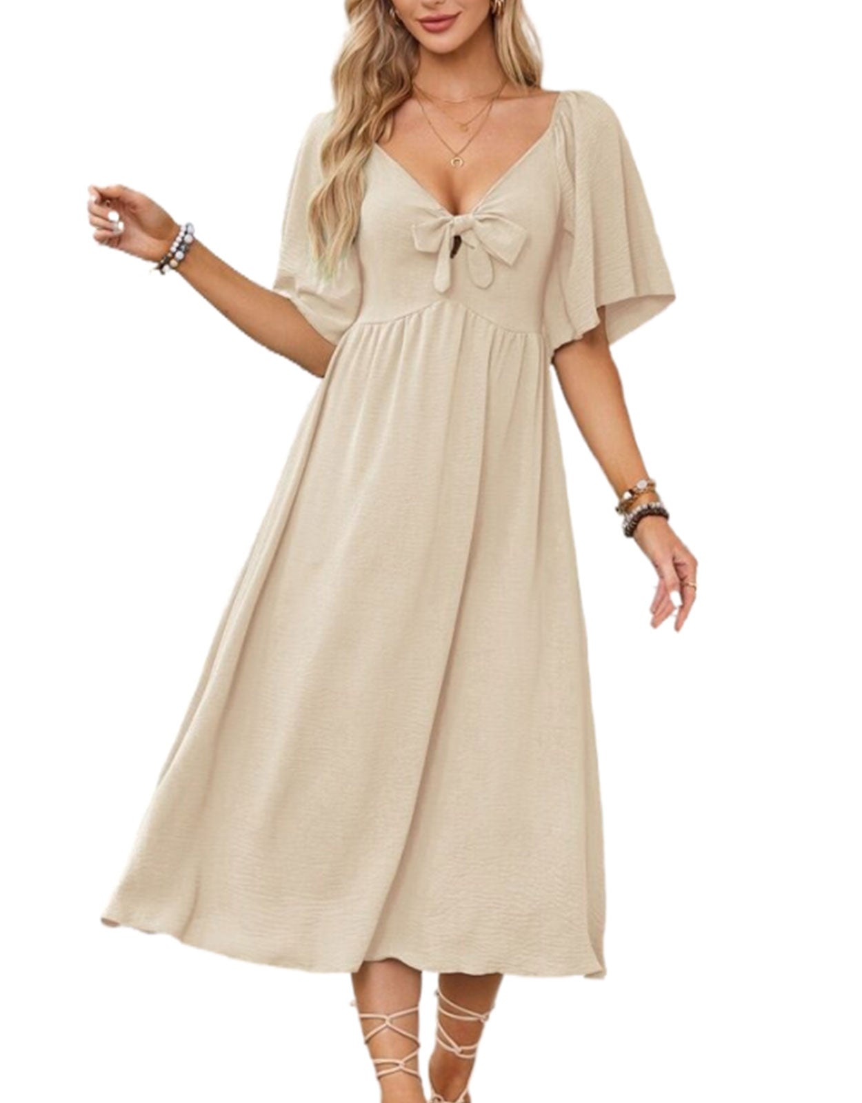 V Neck Ruffle Sleeve Elegant Bow Tie Long Dress