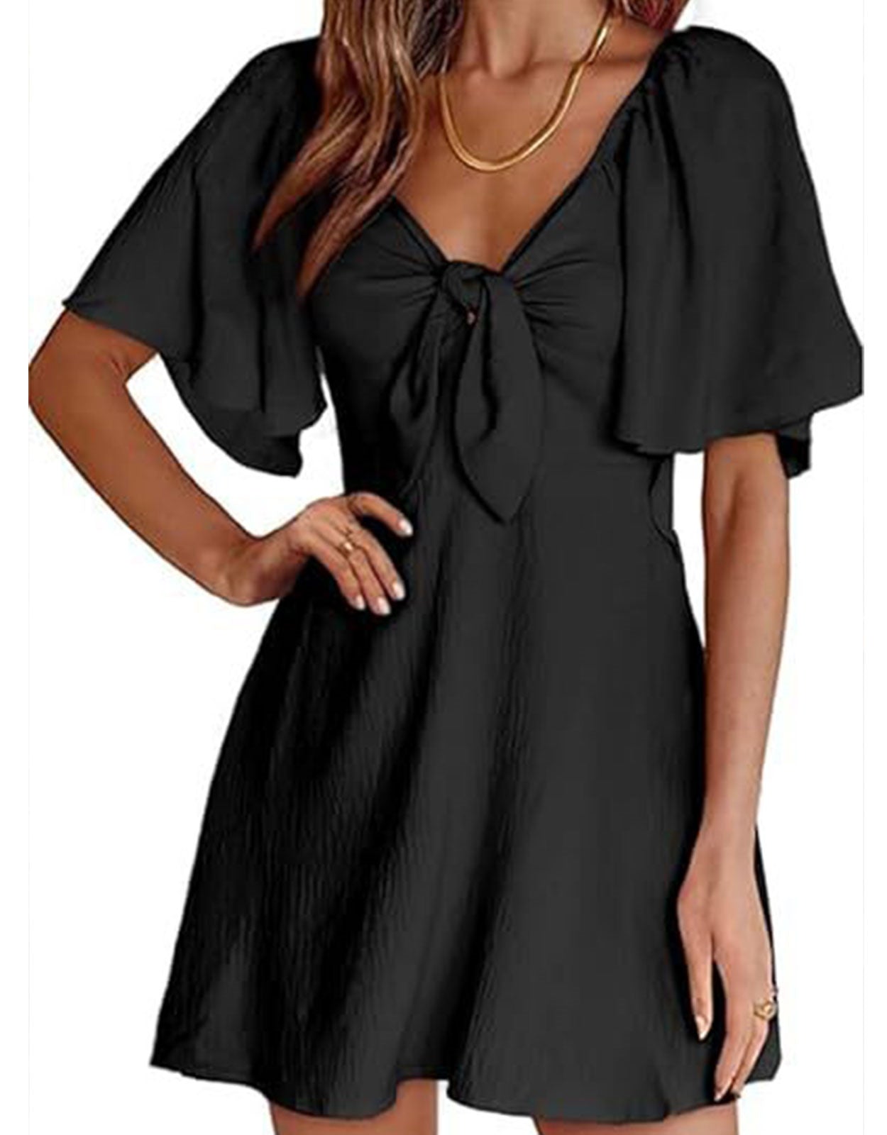 Summer Deep V Neck Ruffle Sleeve Elegant Bow Tie Mini Dress