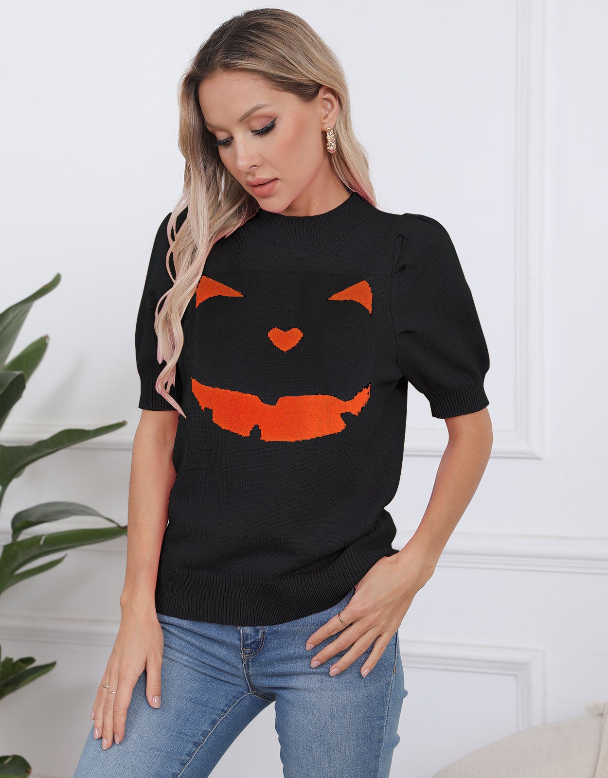 Halloween Pumpkin Smiley Short Sleeve Sweater