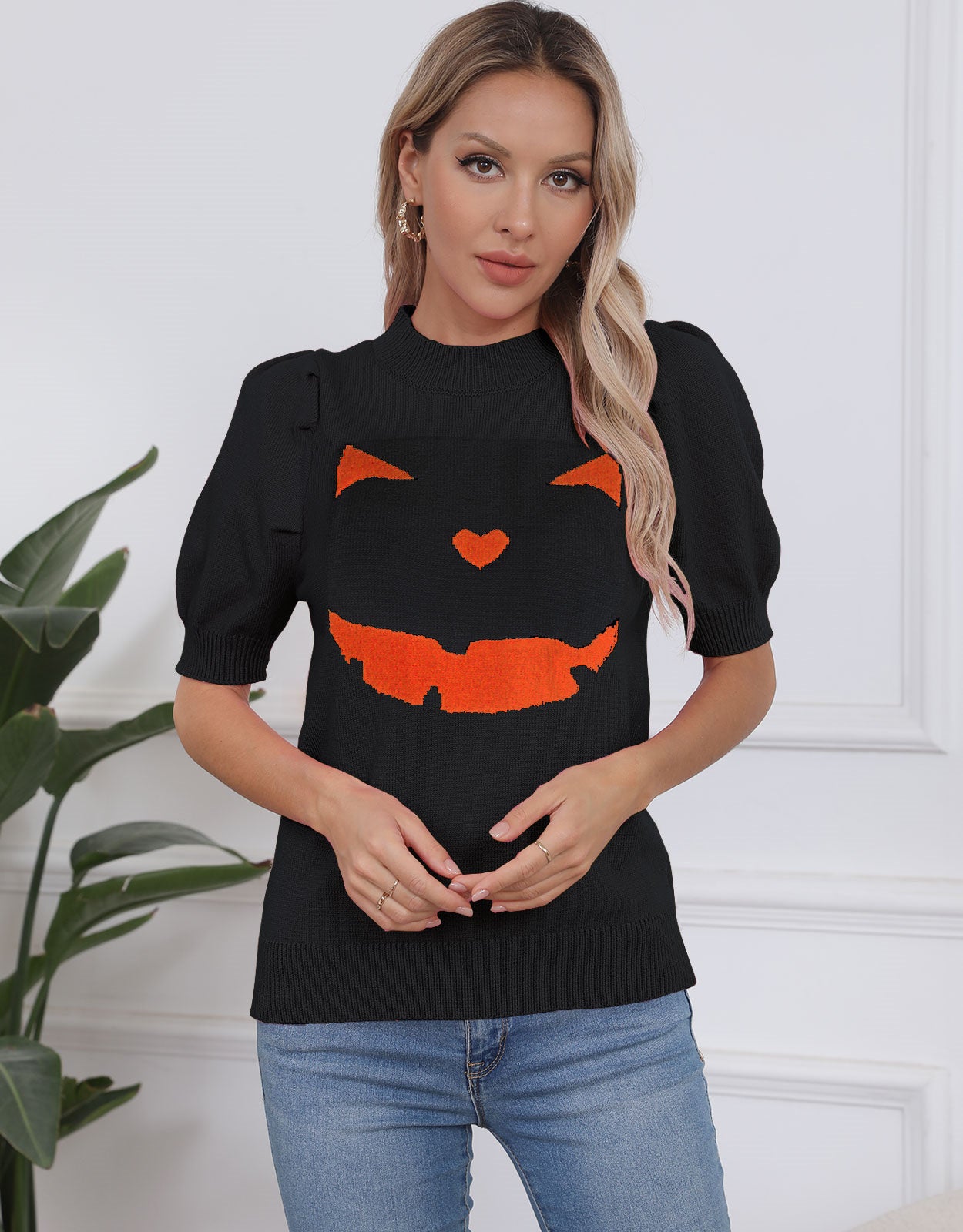 Halloween Pumpkin Smiley Short Sleeve Sweater