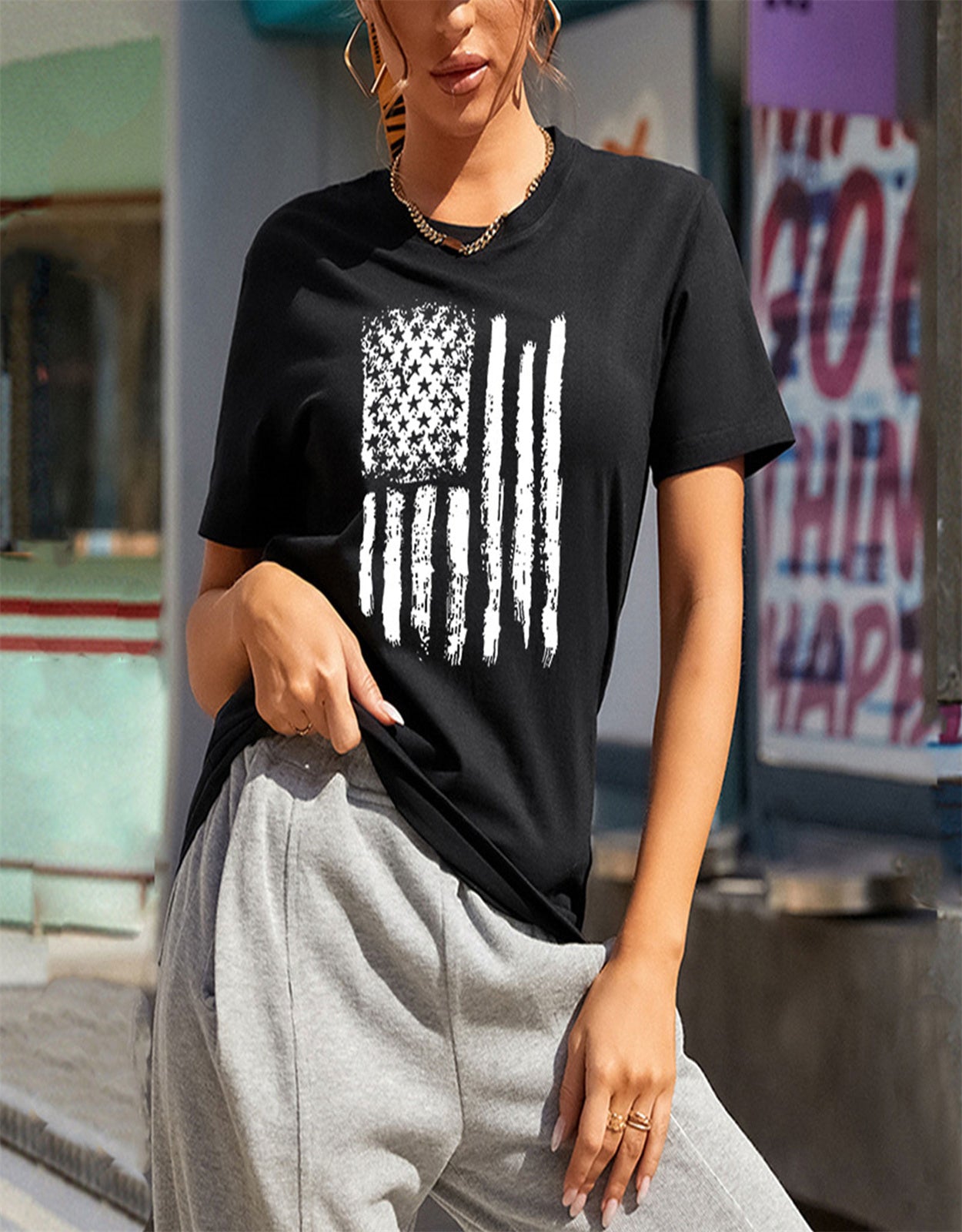 Summer American Flag Ink Printed T-shirt