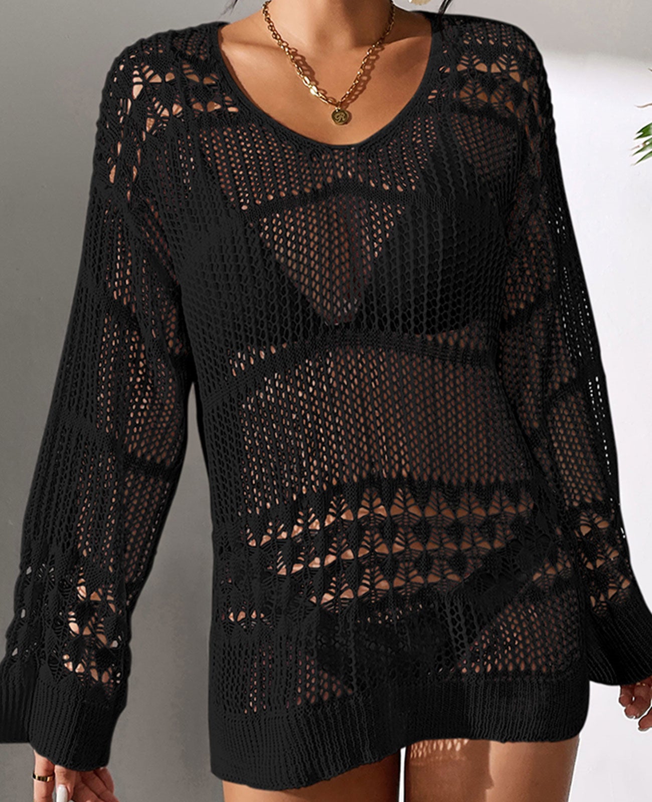 Women's Loose Hollow Long Sleeve Mini Cover-up