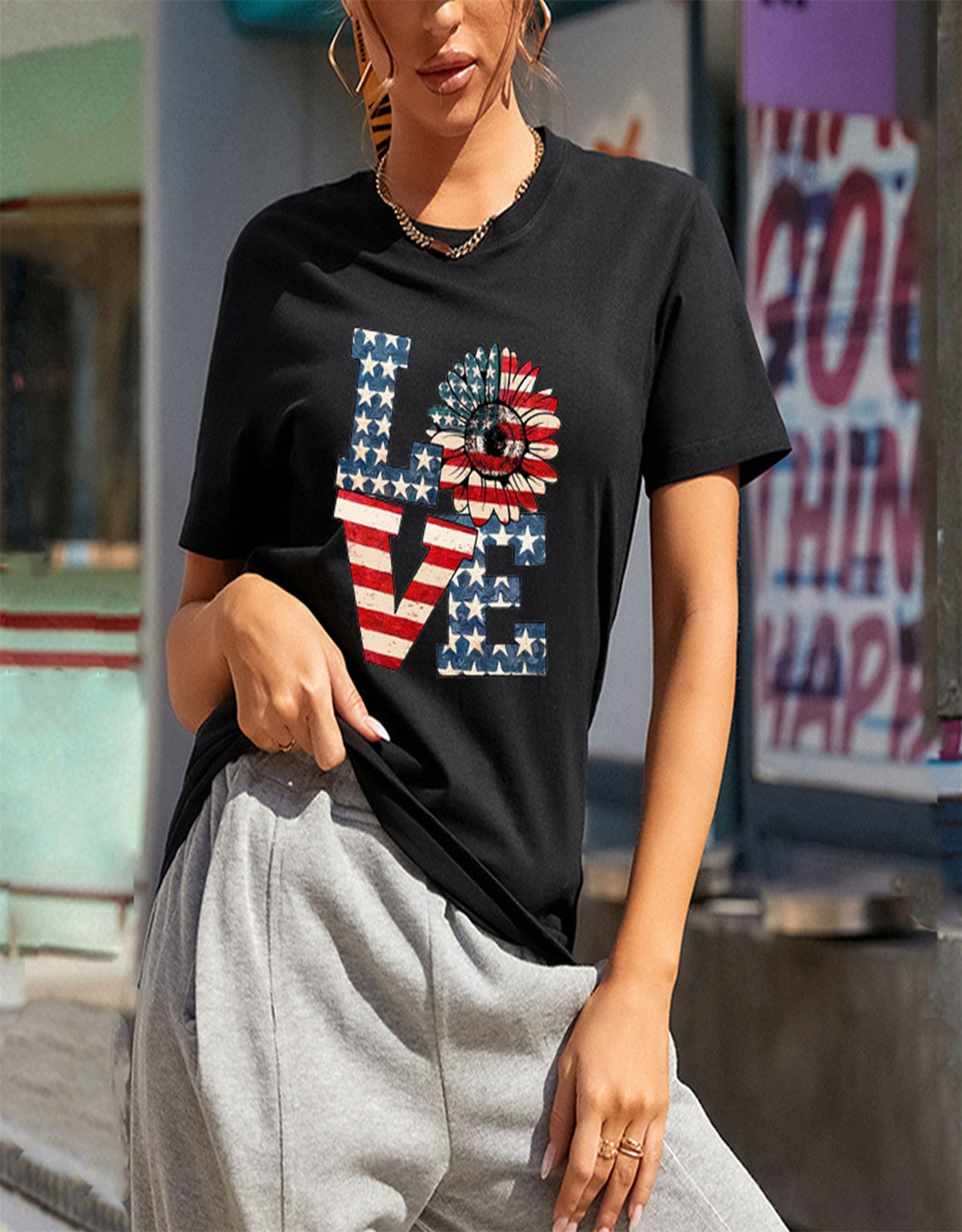 Summer Love Sunflower Flag Print T-shirt