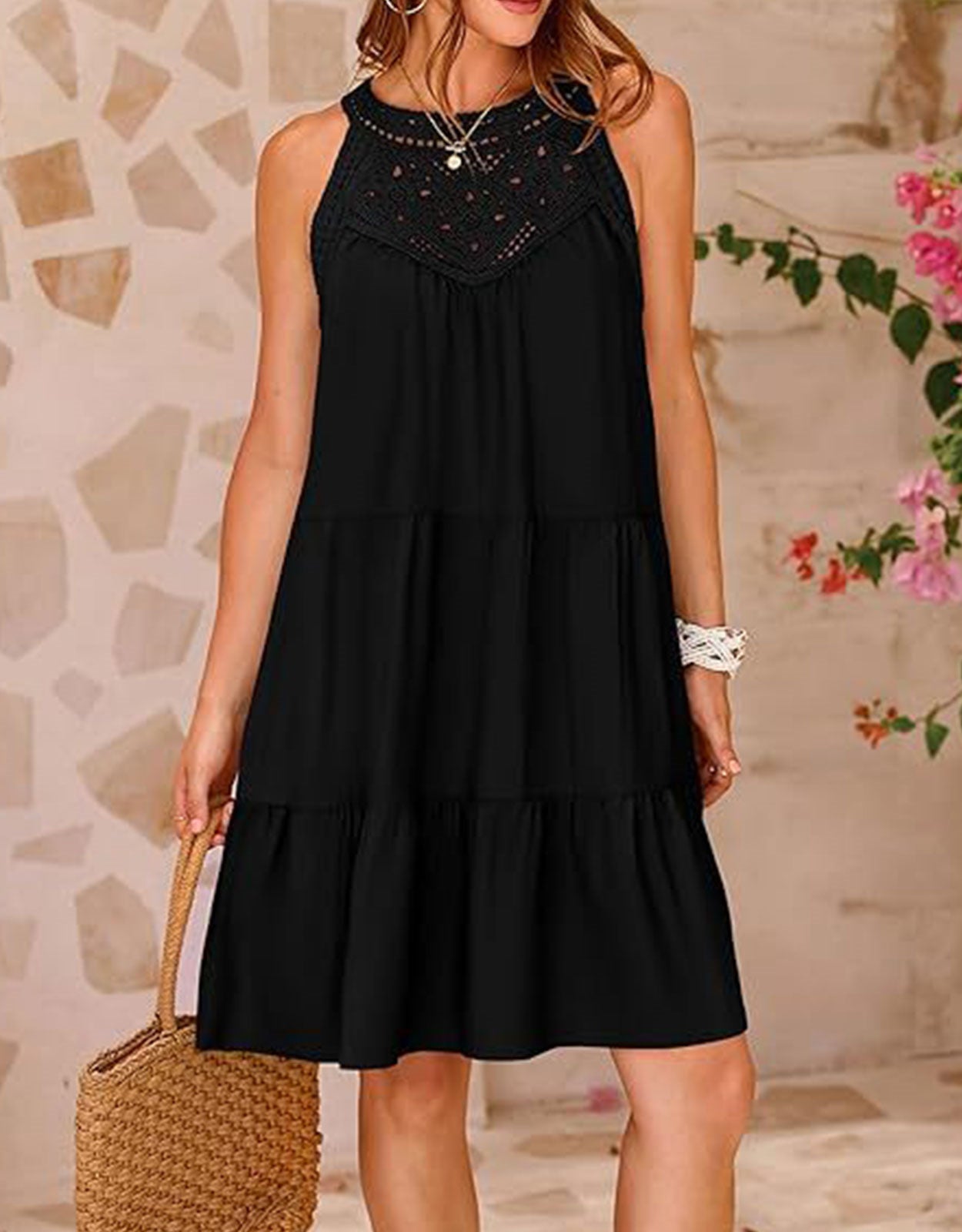 Short Sleeve Hollow Print Pleated Mini Dress