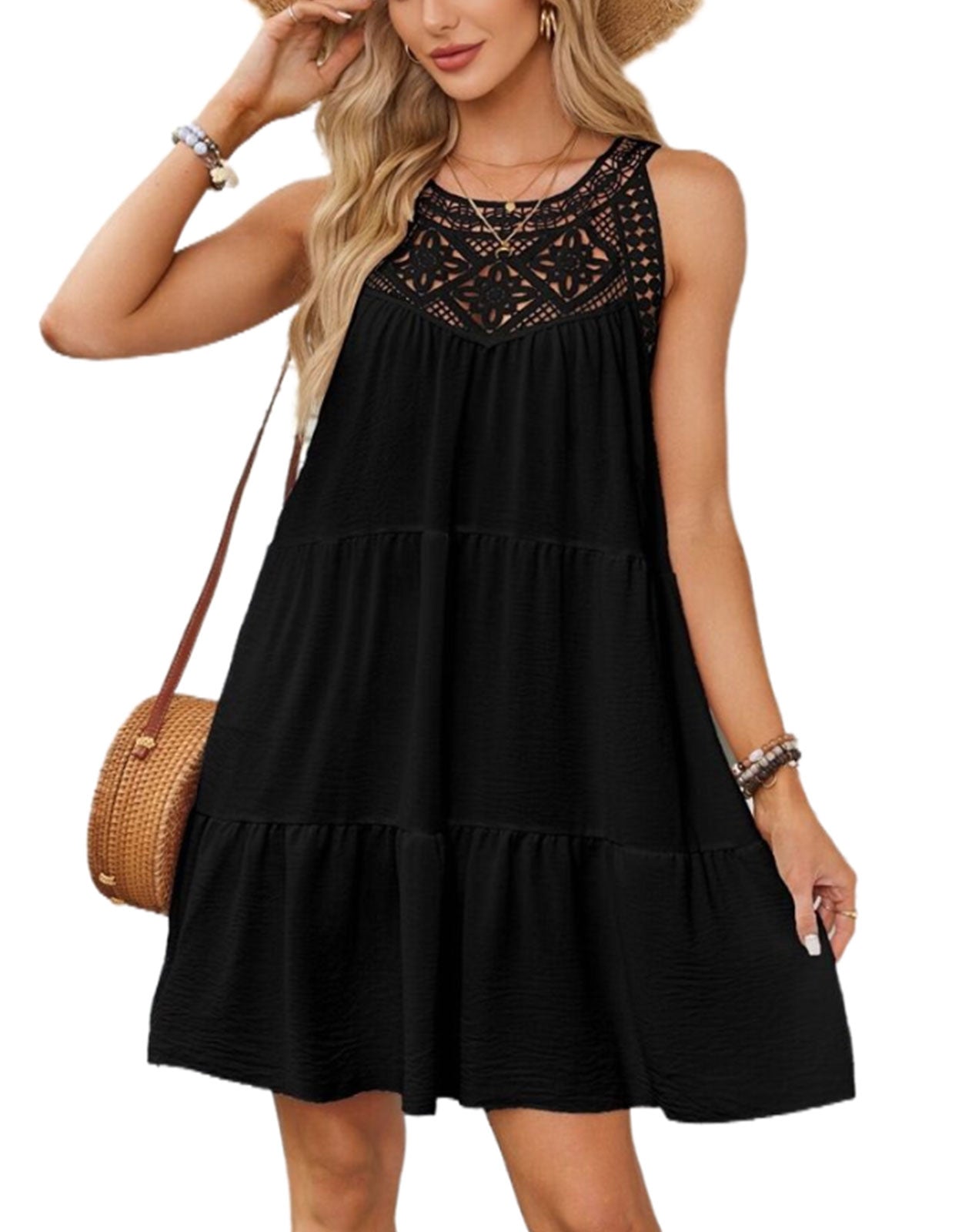 Short Sleeve Hollow Print Pleated Mini Dress