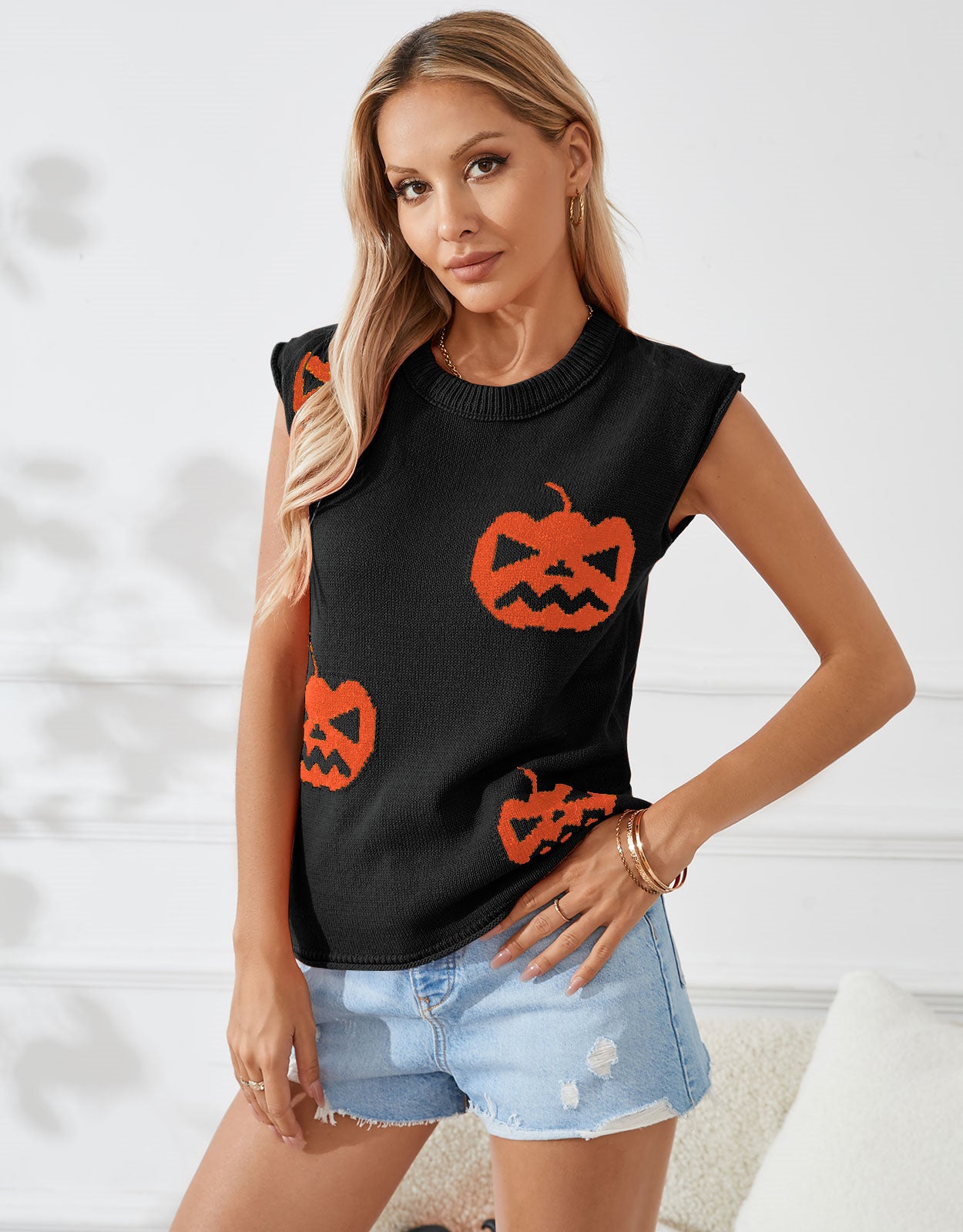 Halloween Sleeveless Round Neck Pumpkin Sweater
