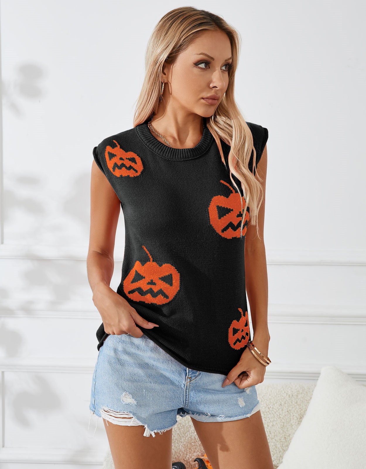Halloween Sleeveless Round Neck Pumpkin Sweater