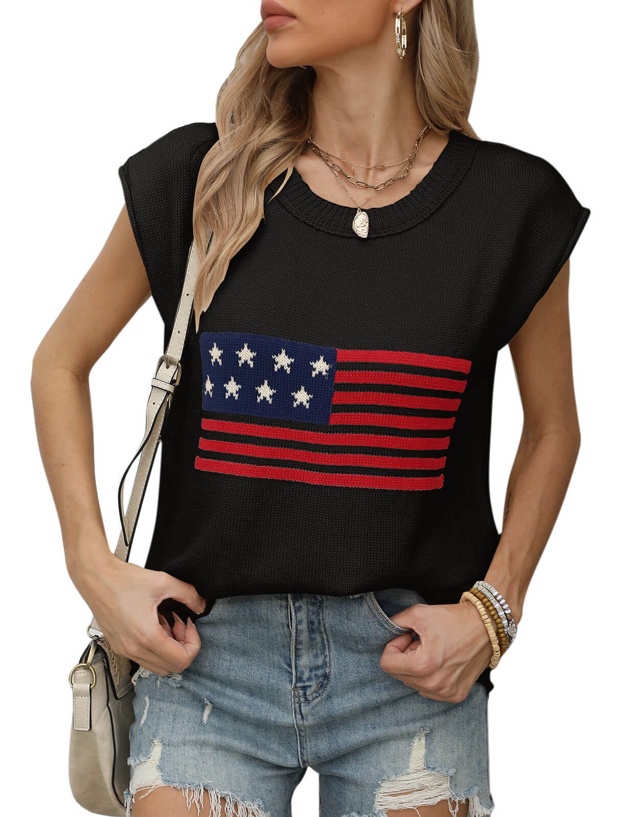 American Flag Loose Short Sleeve Round Neck Sweater
