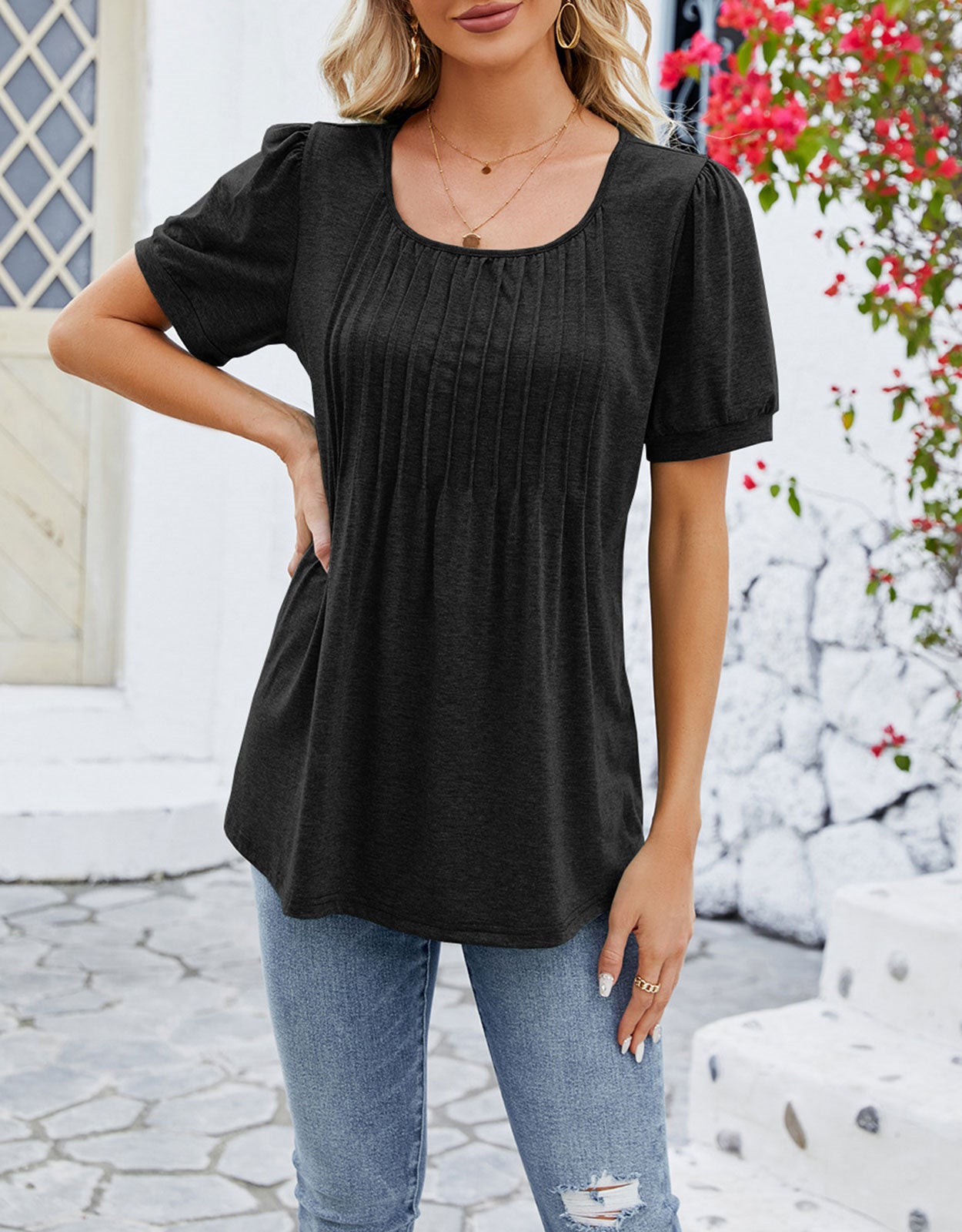 Summer Vertical Ruffle Sleeve Round Neck Top