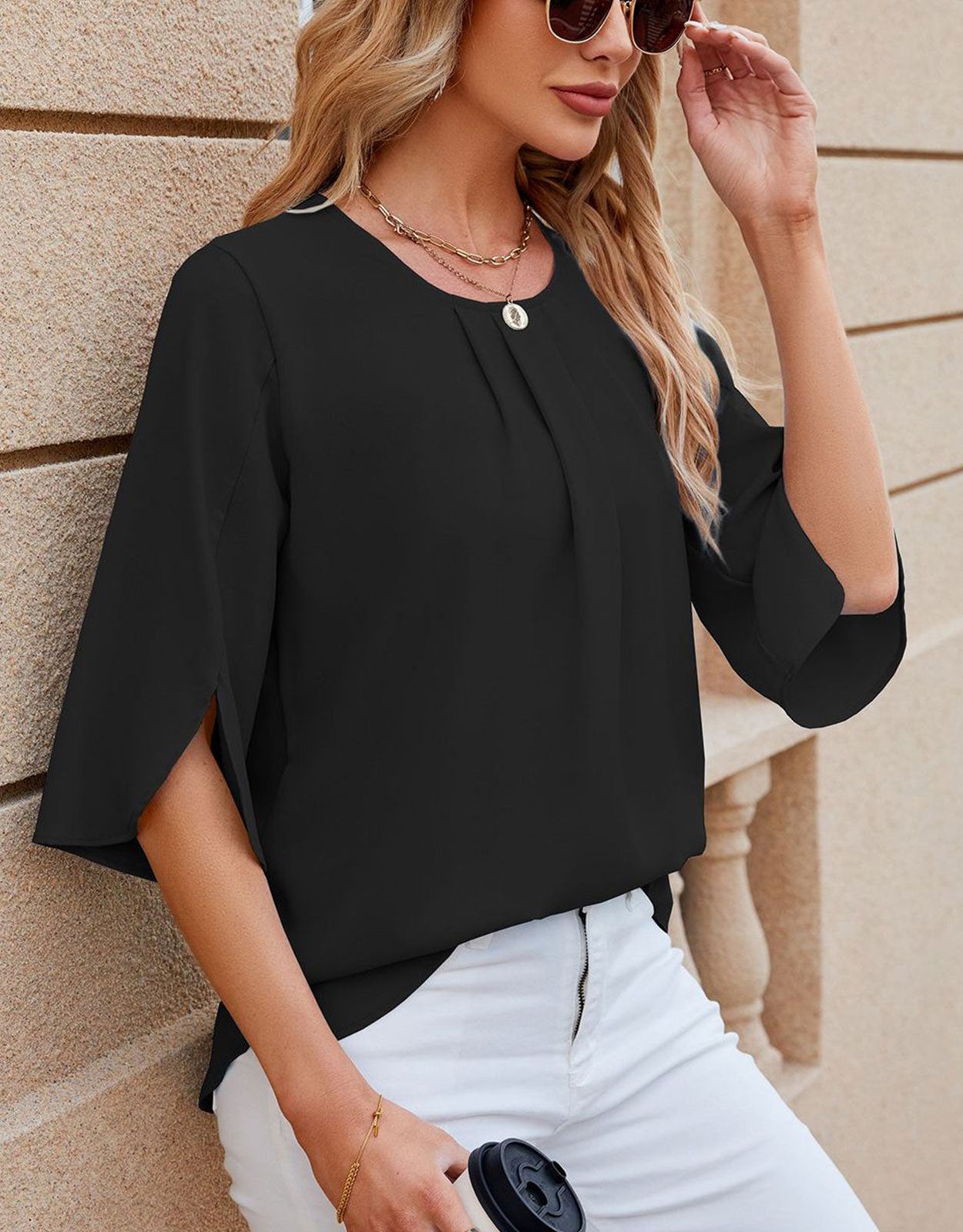 Summer Half-Length Ruffle Sleeve Round Neck Top