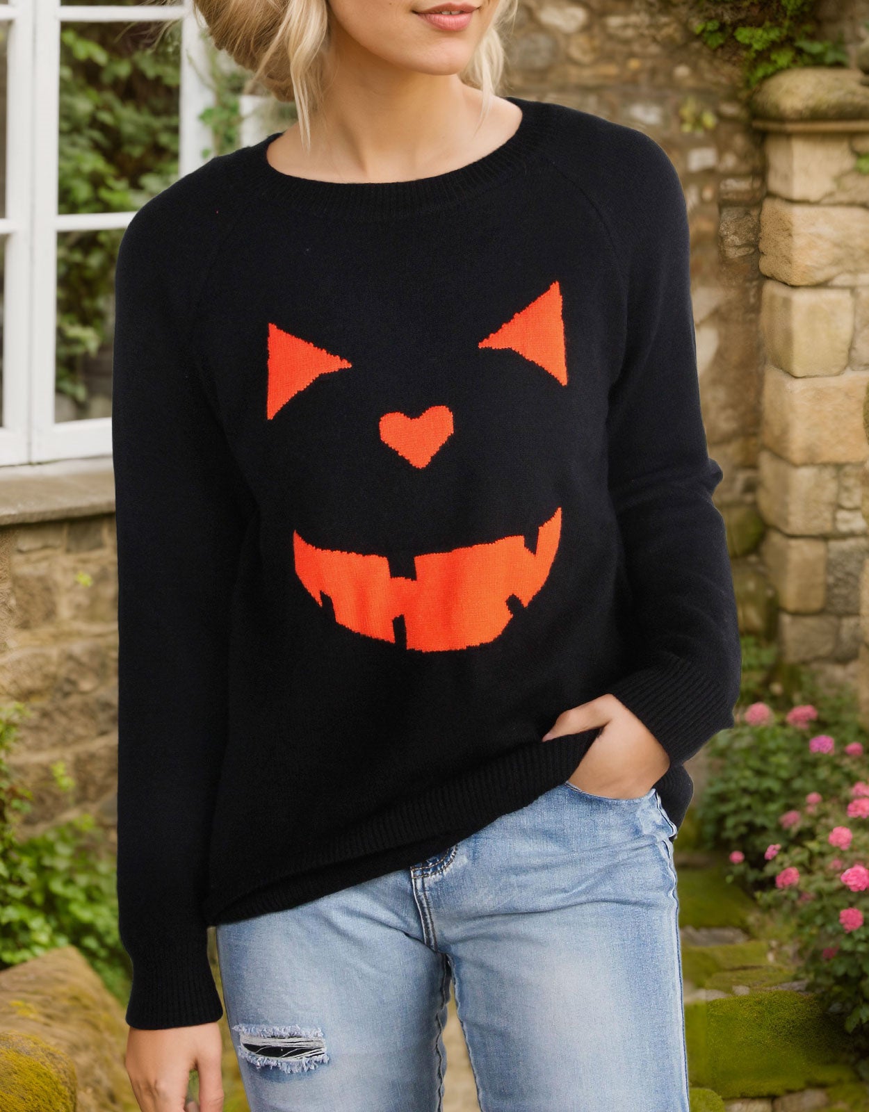 Halloween Round Neck Long Sleeve Evil Smiley Face Sweater