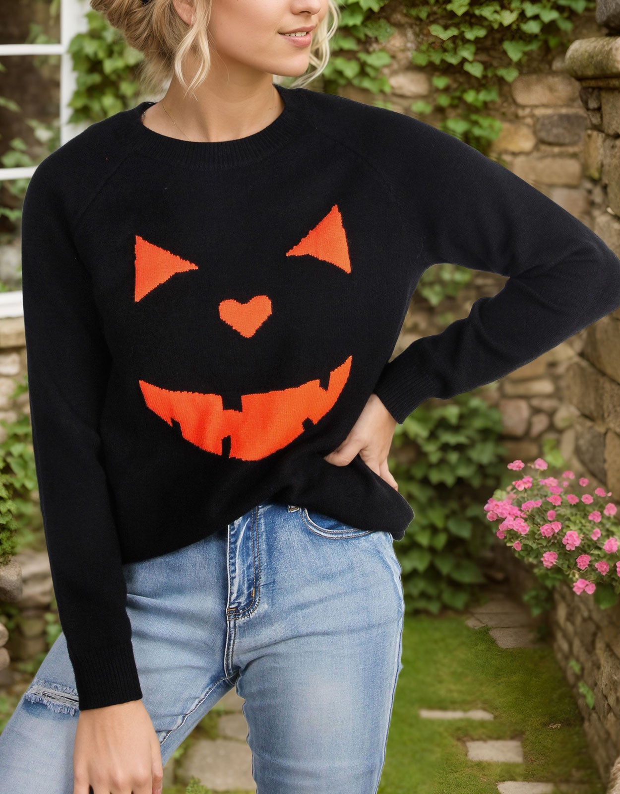 Halloween Round Neck Long Sleeve Evil Smiley Face Sweater