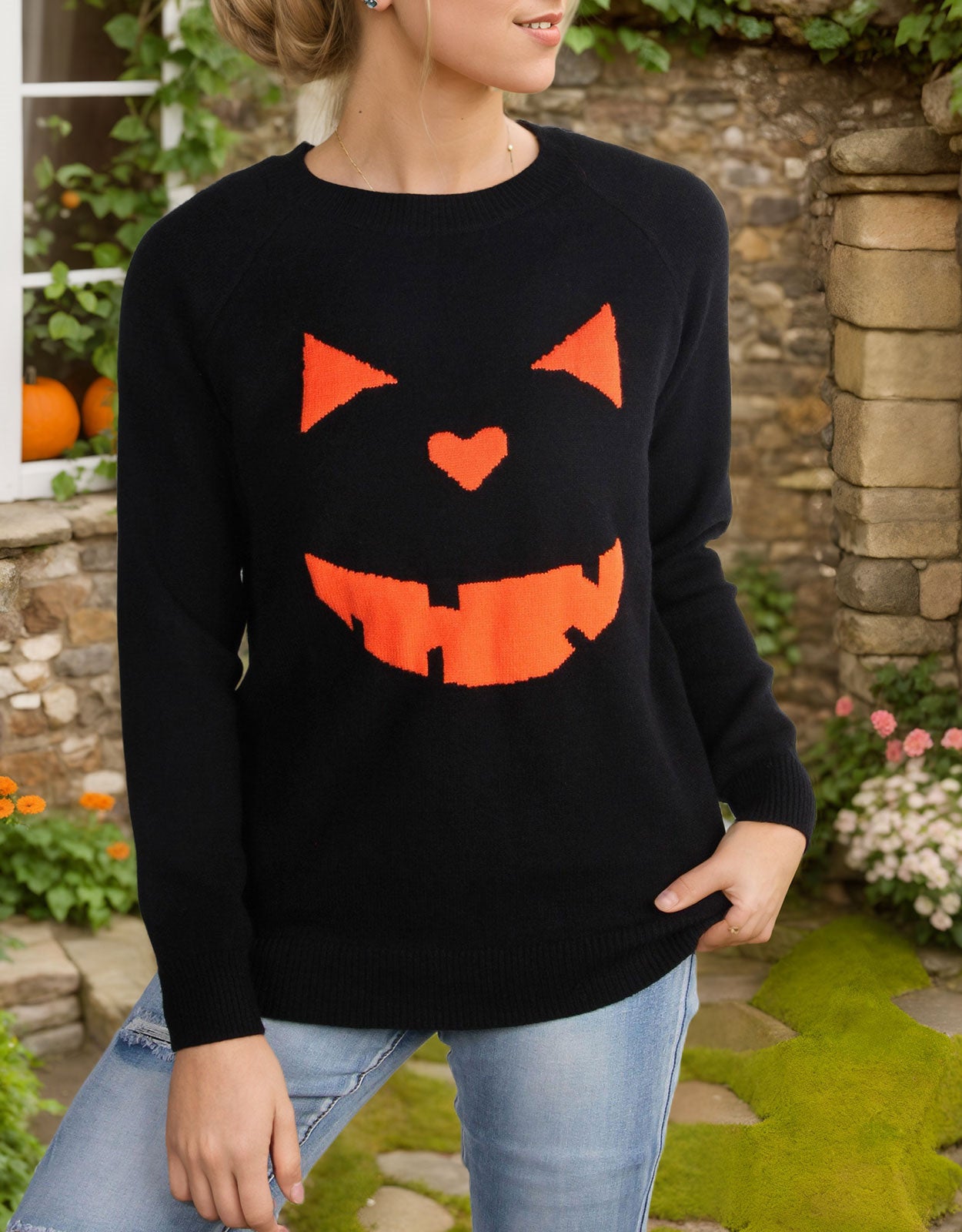 Halloween Round Neck Long Sleeve Evil Smiley Face Sweater