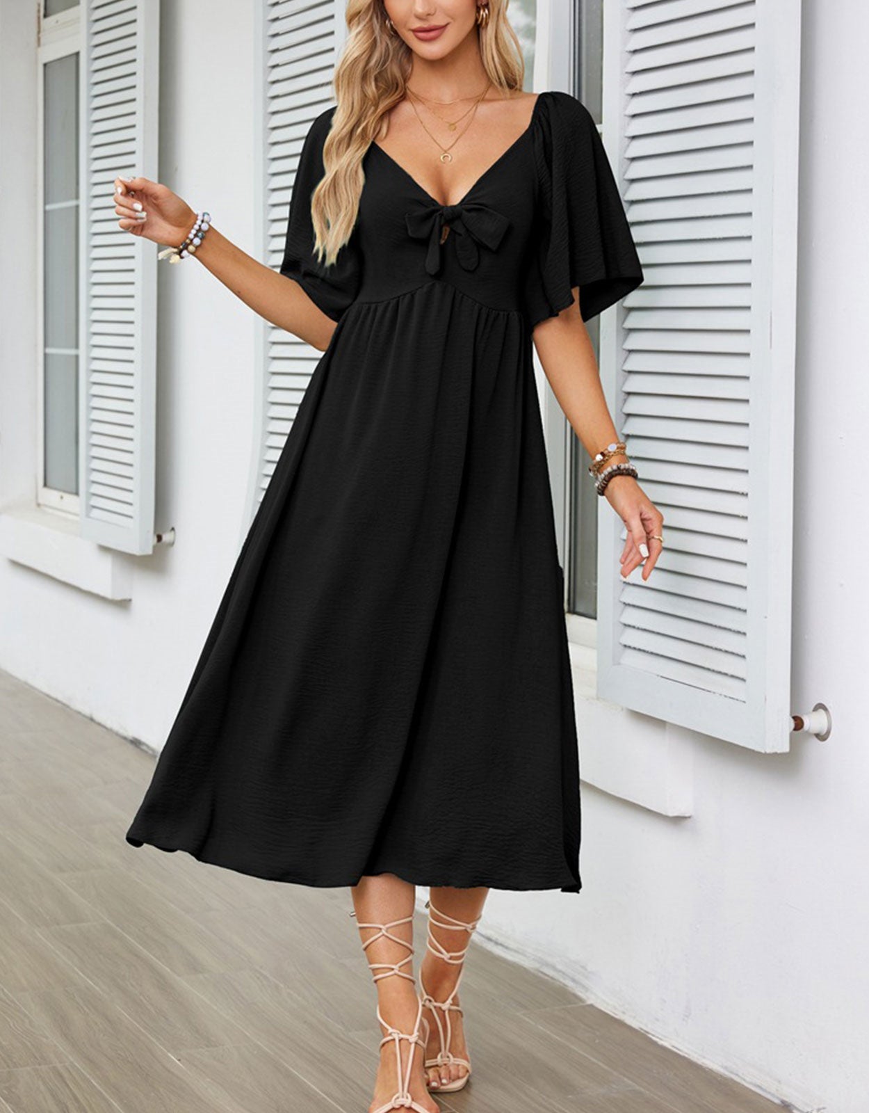 V Neck Ruffle Sleeve Elegant Bow Tie Long Dress