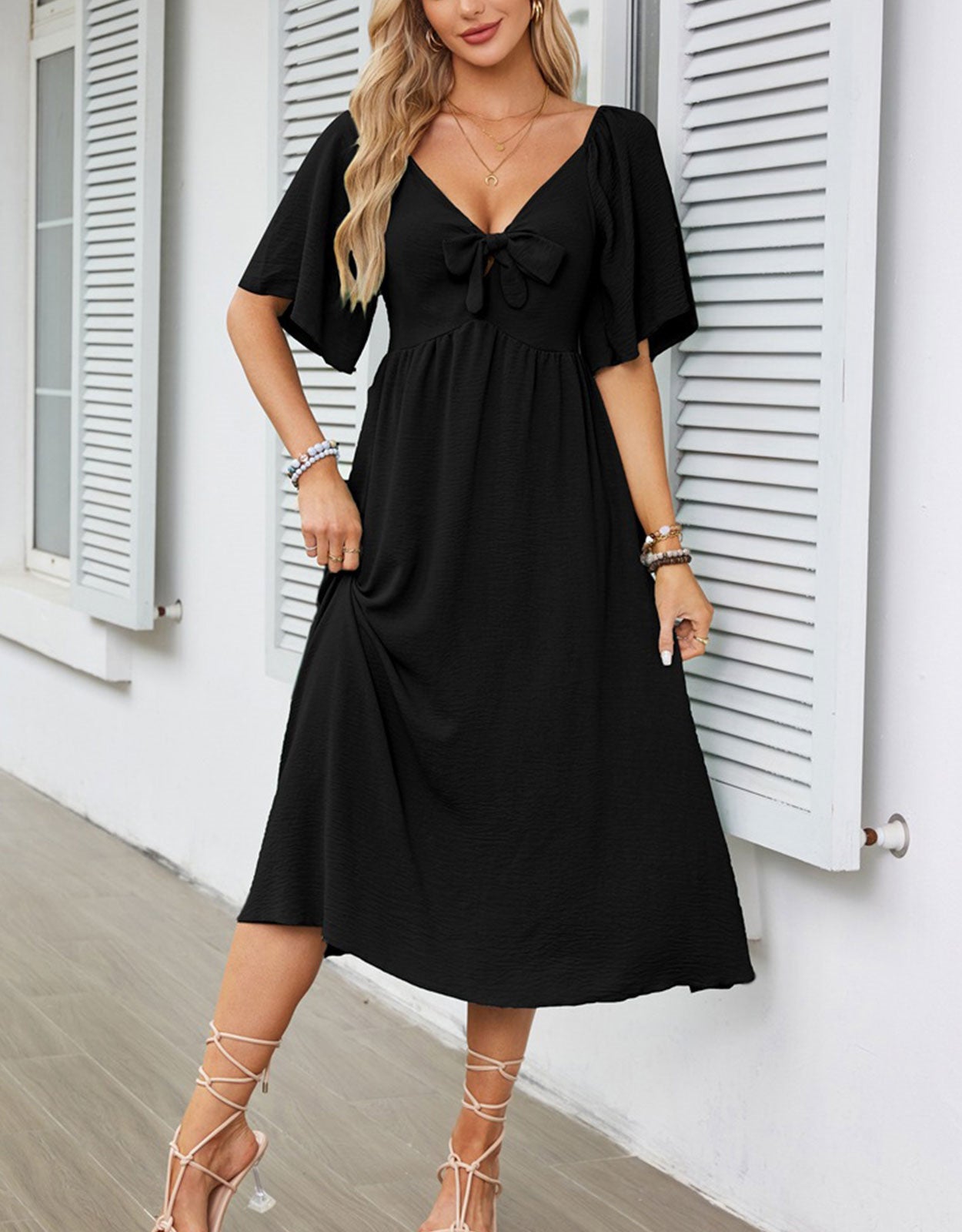 V Neck Ruffle Sleeve Elegant Bow Tie Long Dress