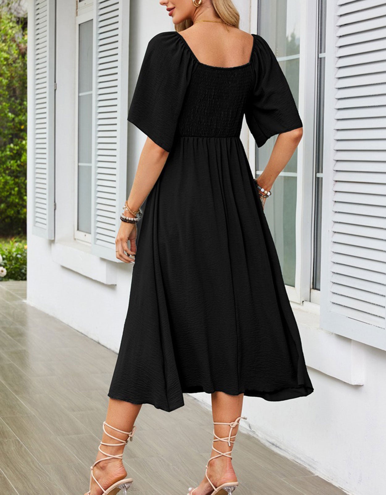 V Neck Ruffle Sleeve Elegant Bow Tie Long Dress