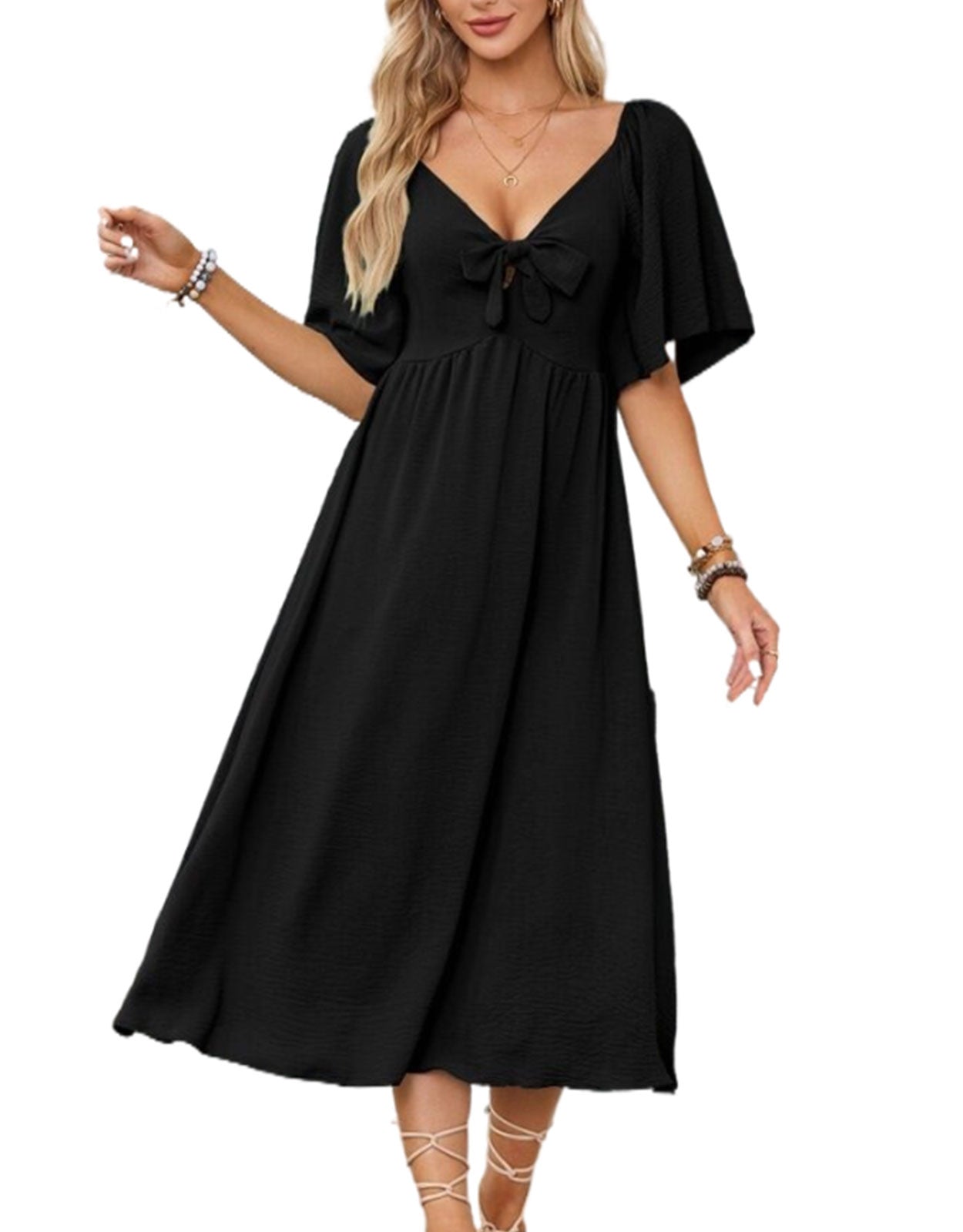 V Neck Ruffle Sleeve Elegant Bow Tie Long Dress