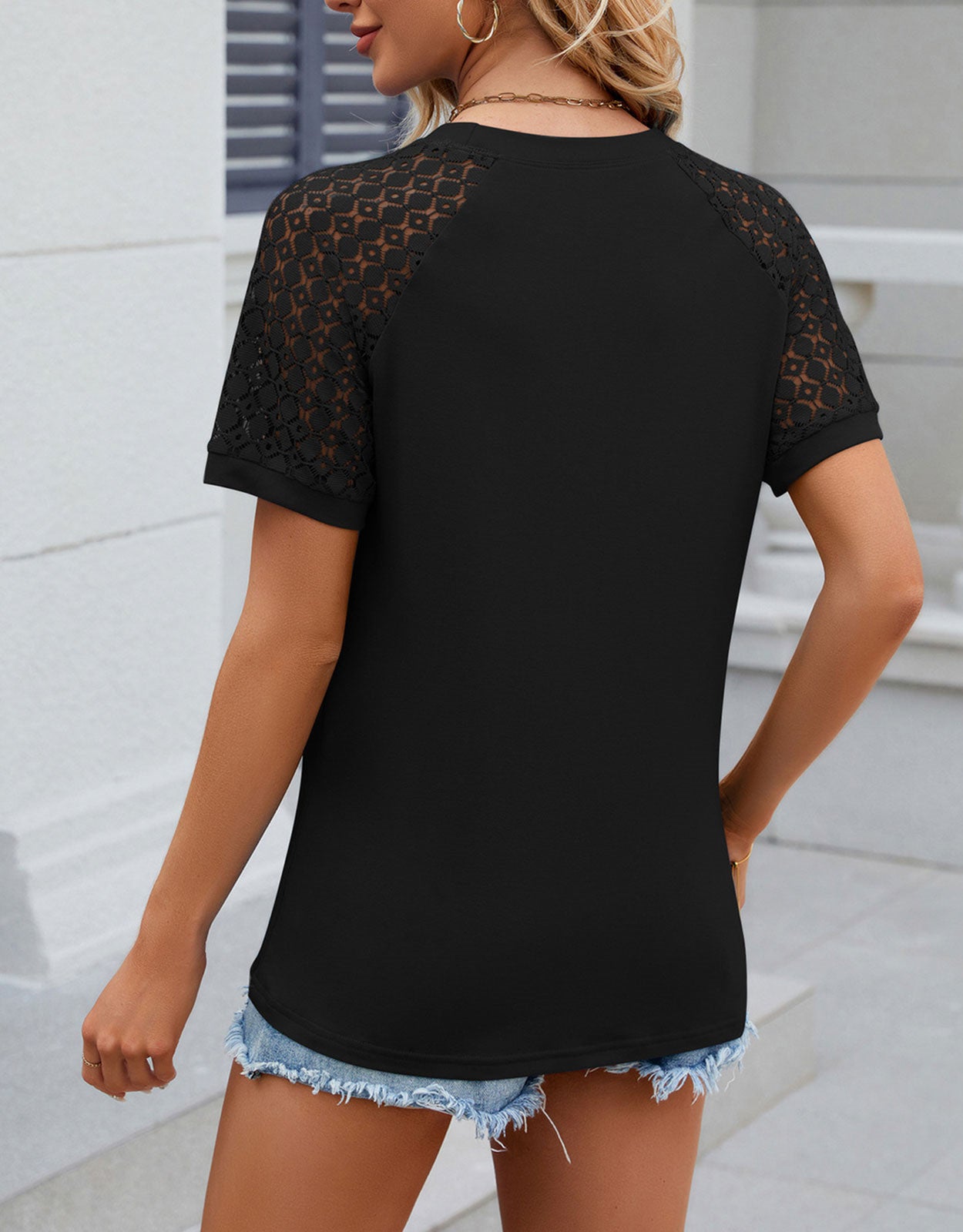Summer short-sleeved hollow print round neck pleated top