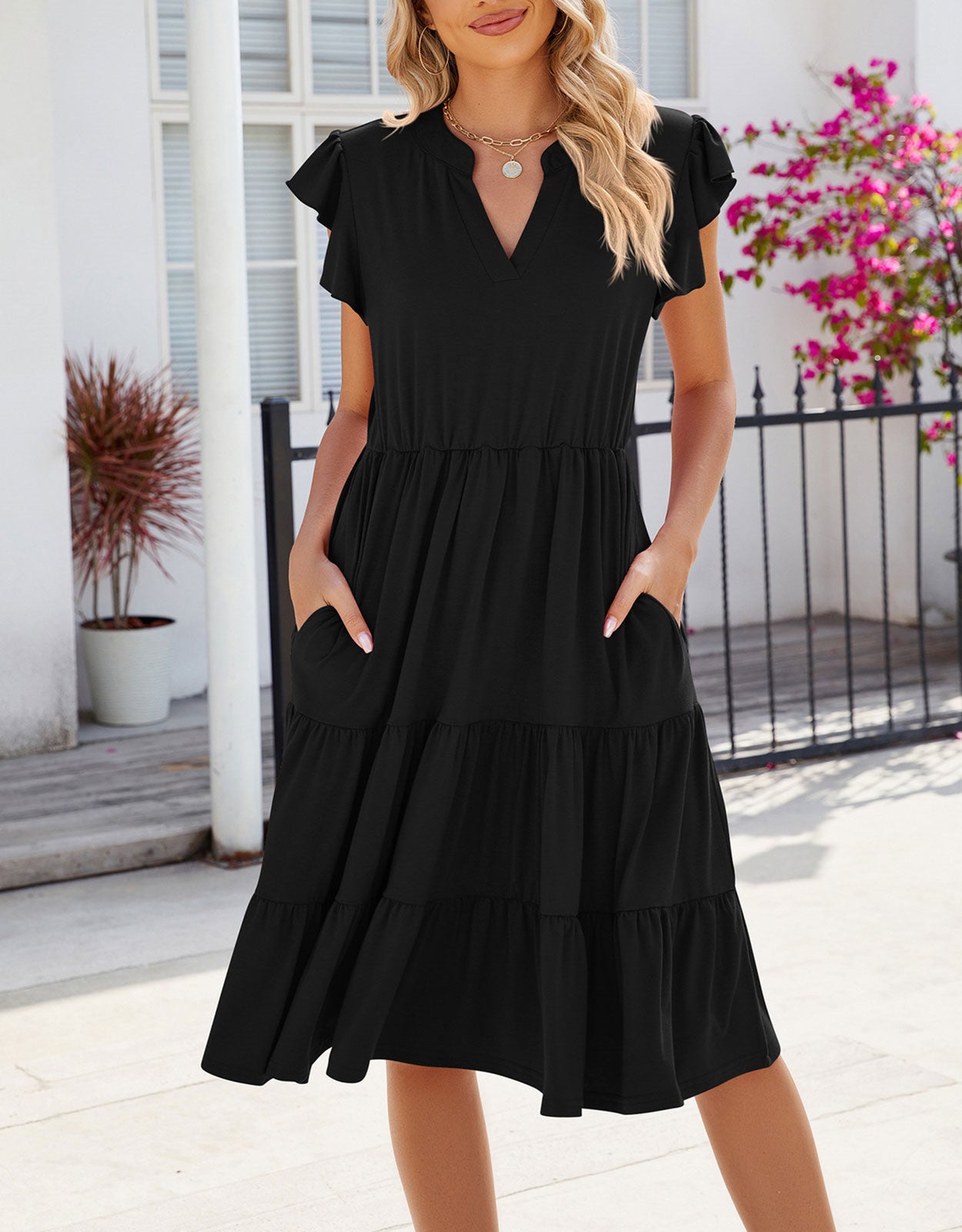 V Neck Ruffled Sleeve Midi Dresses