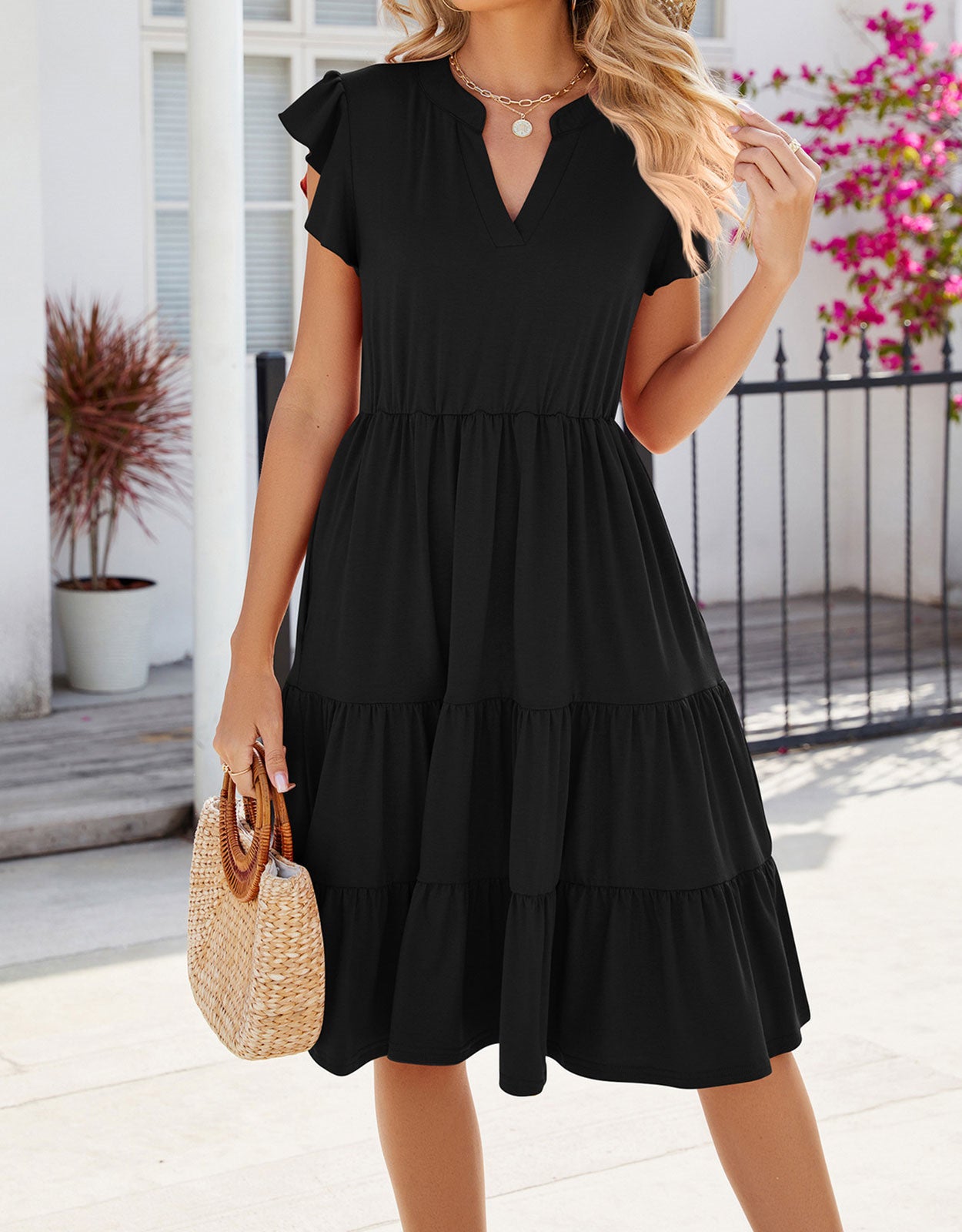 V Neck Ruffled Sleeve Midi Dresses