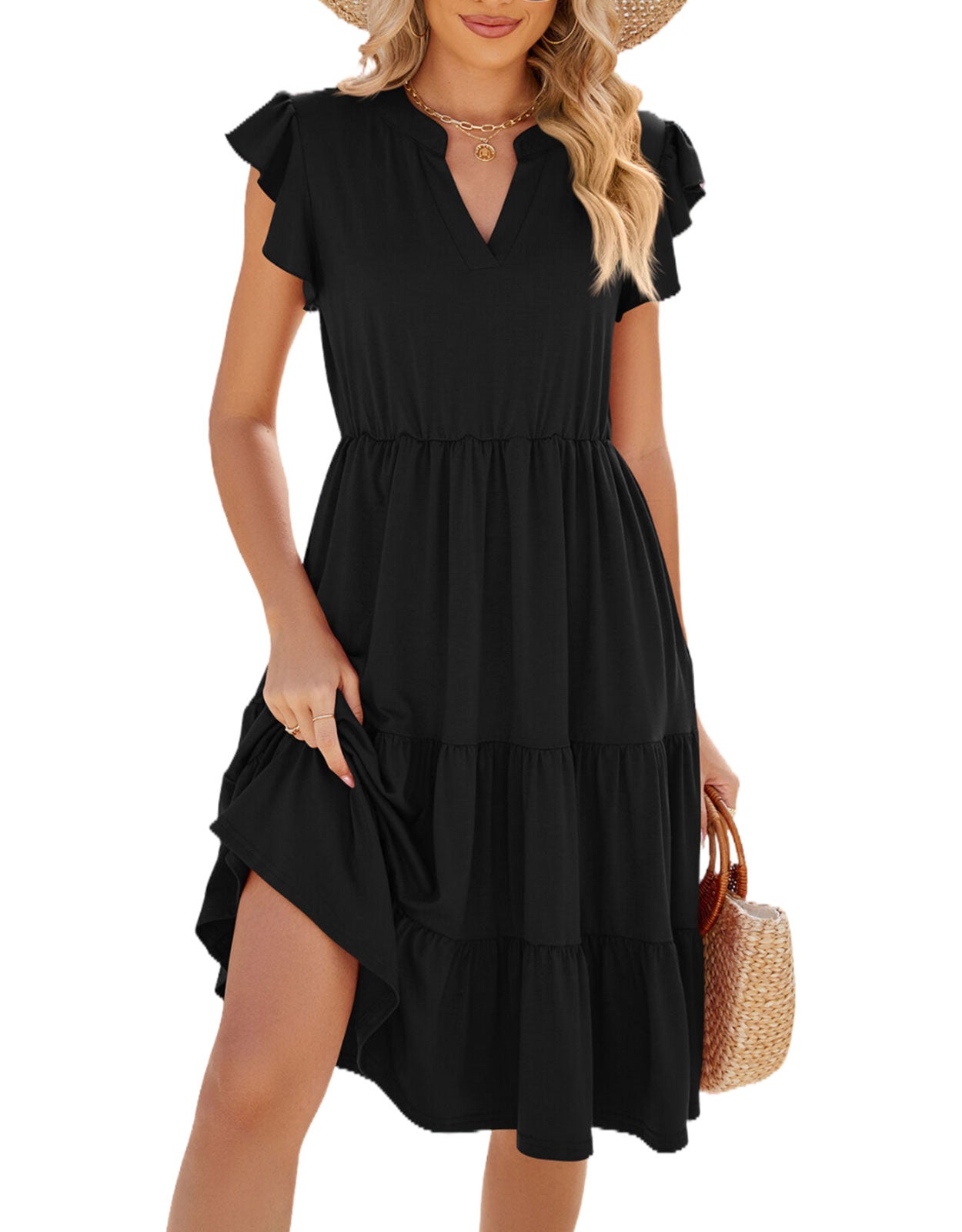 V Neck Ruffled Sleeve Midi Dresses