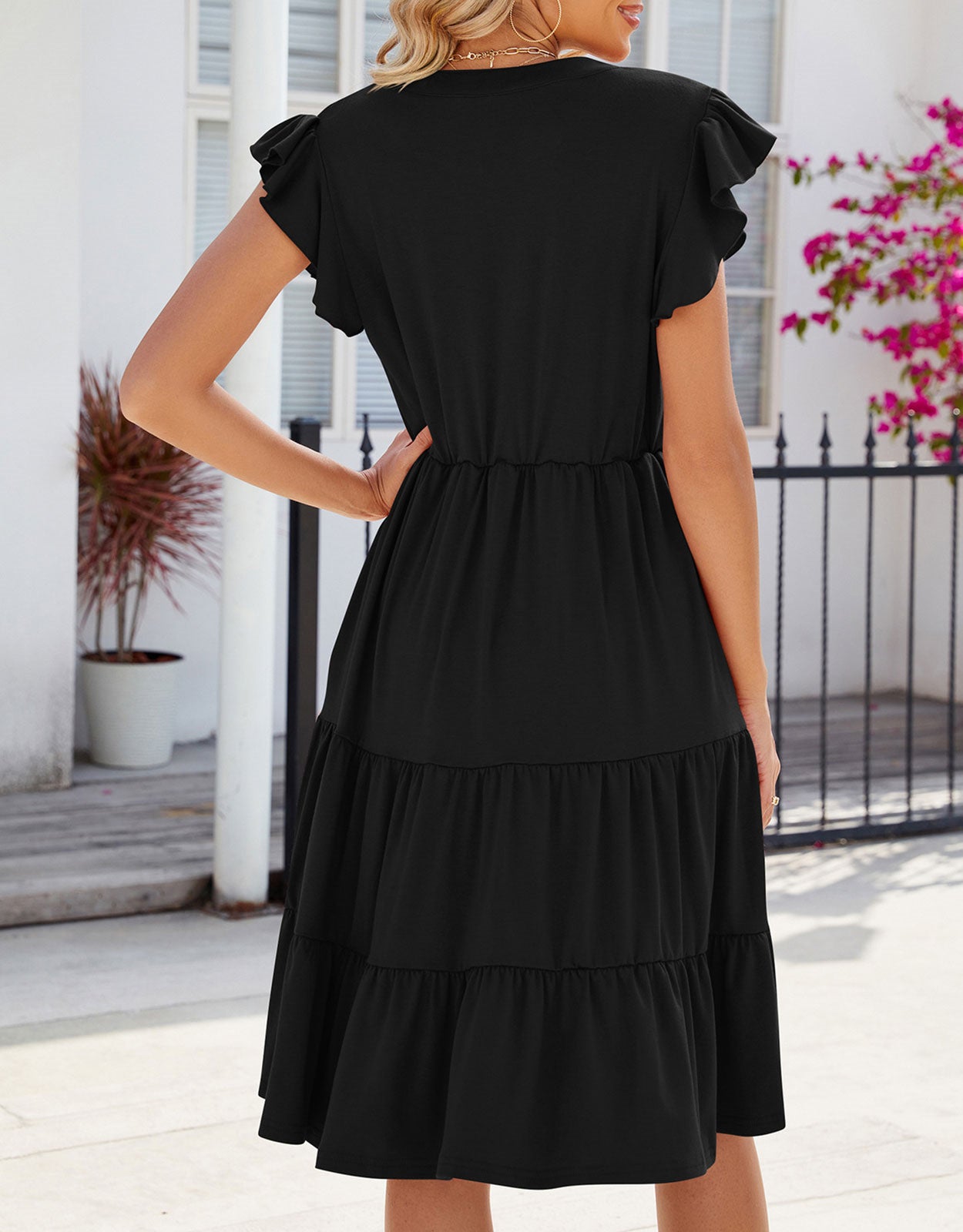 V Neck Ruffled Sleeve Midi Dresses