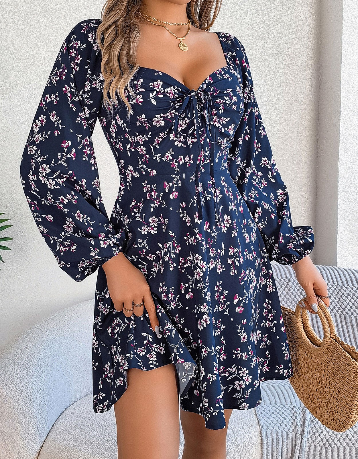 Long Sleeve Low Cut Sexy Bow Print Mini Dress