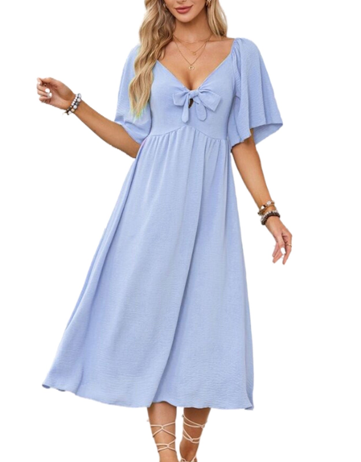 V Neck Ruffle Sleeve Elegant Bow Tie Long Dress