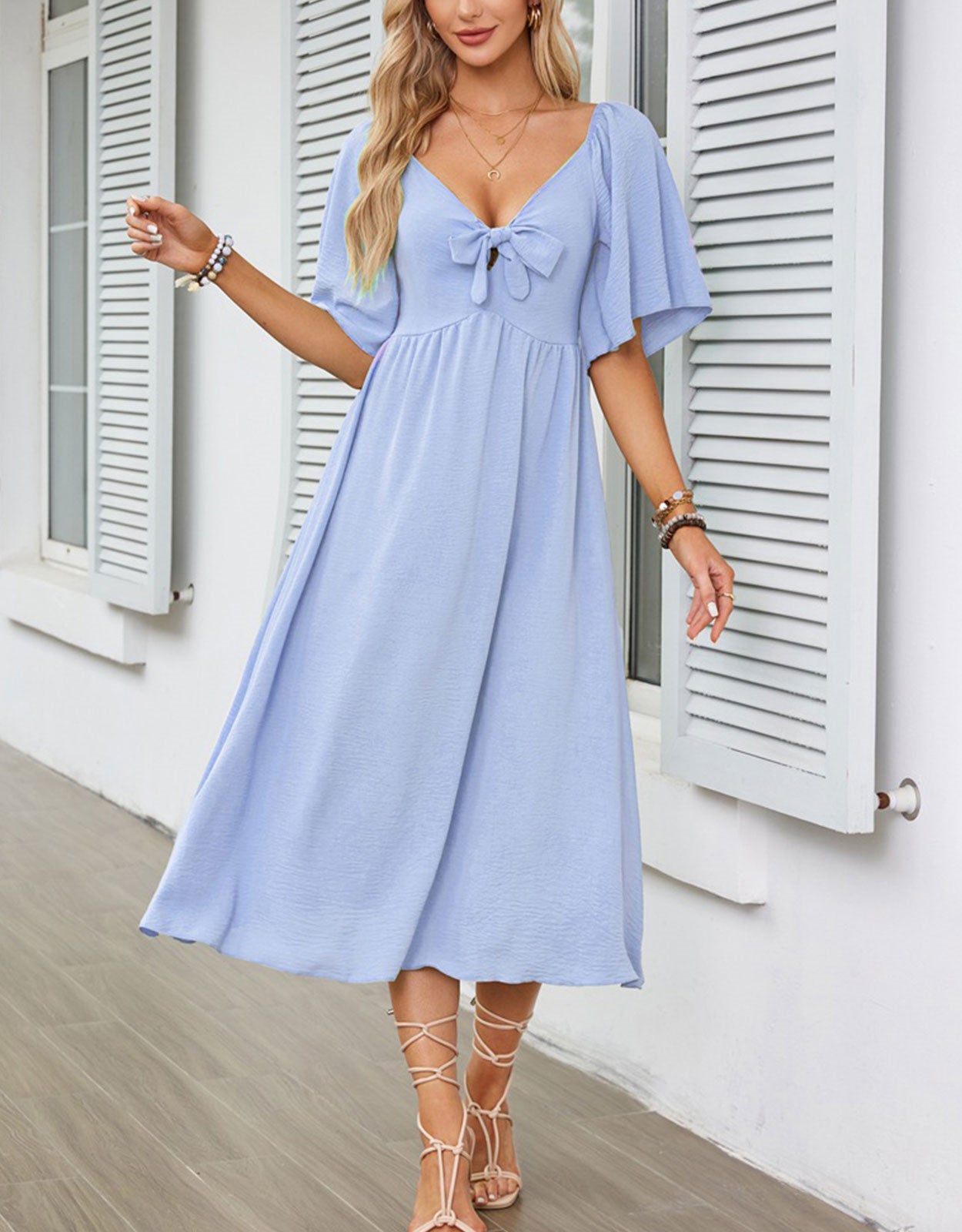 V Neck Ruffle Sleeve Elegant Bow Tie Long Dress