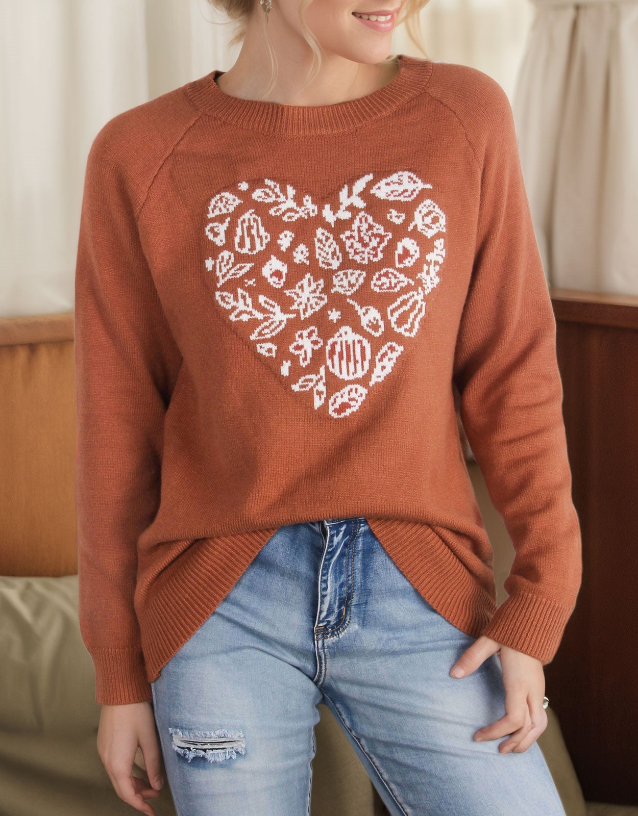 Green Leaf Love Heart Halloween Long Sleeve Sweater