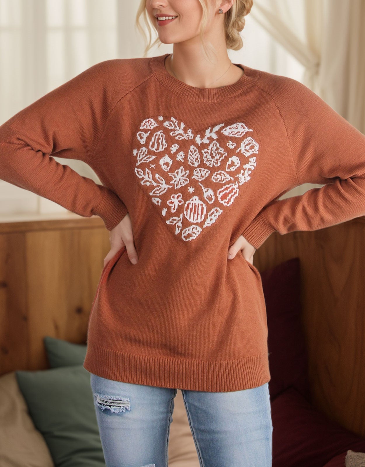 Green Leaf Love Heart Halloween Long Sleeve Sweater