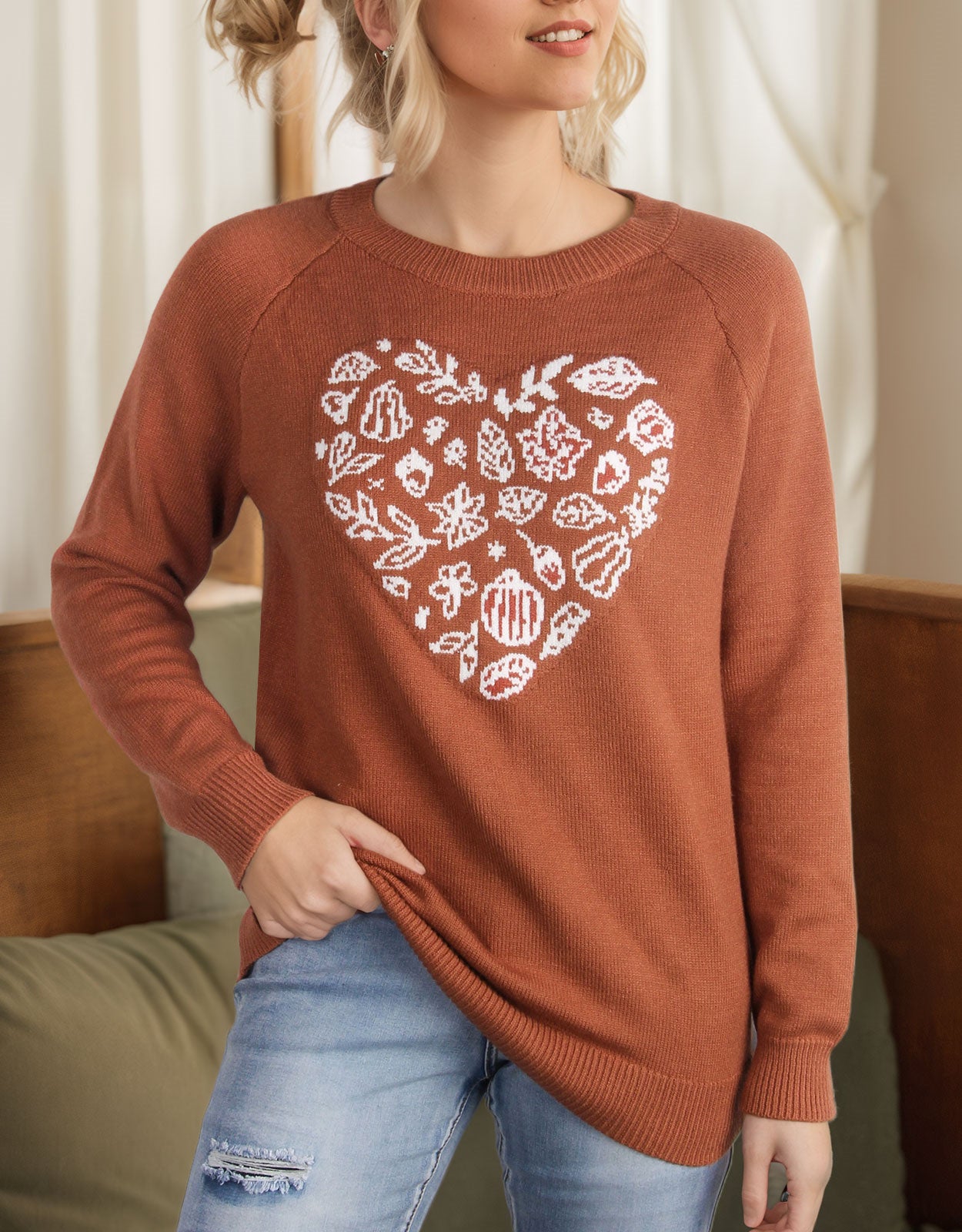 Green Leaf Love Heart Halloween Long Sleeve Sweater