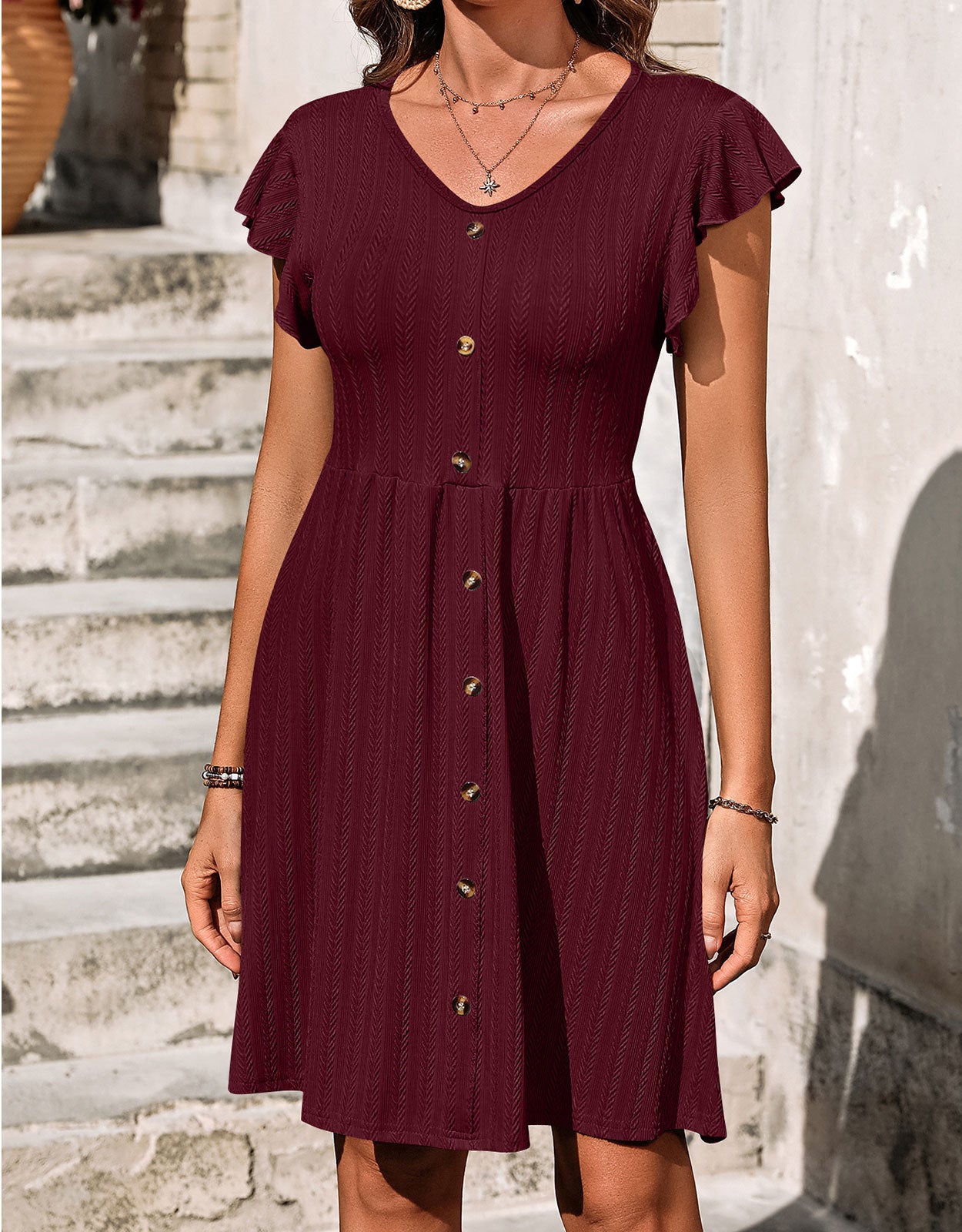 V-neck button knit rattan print short-sleeved dress