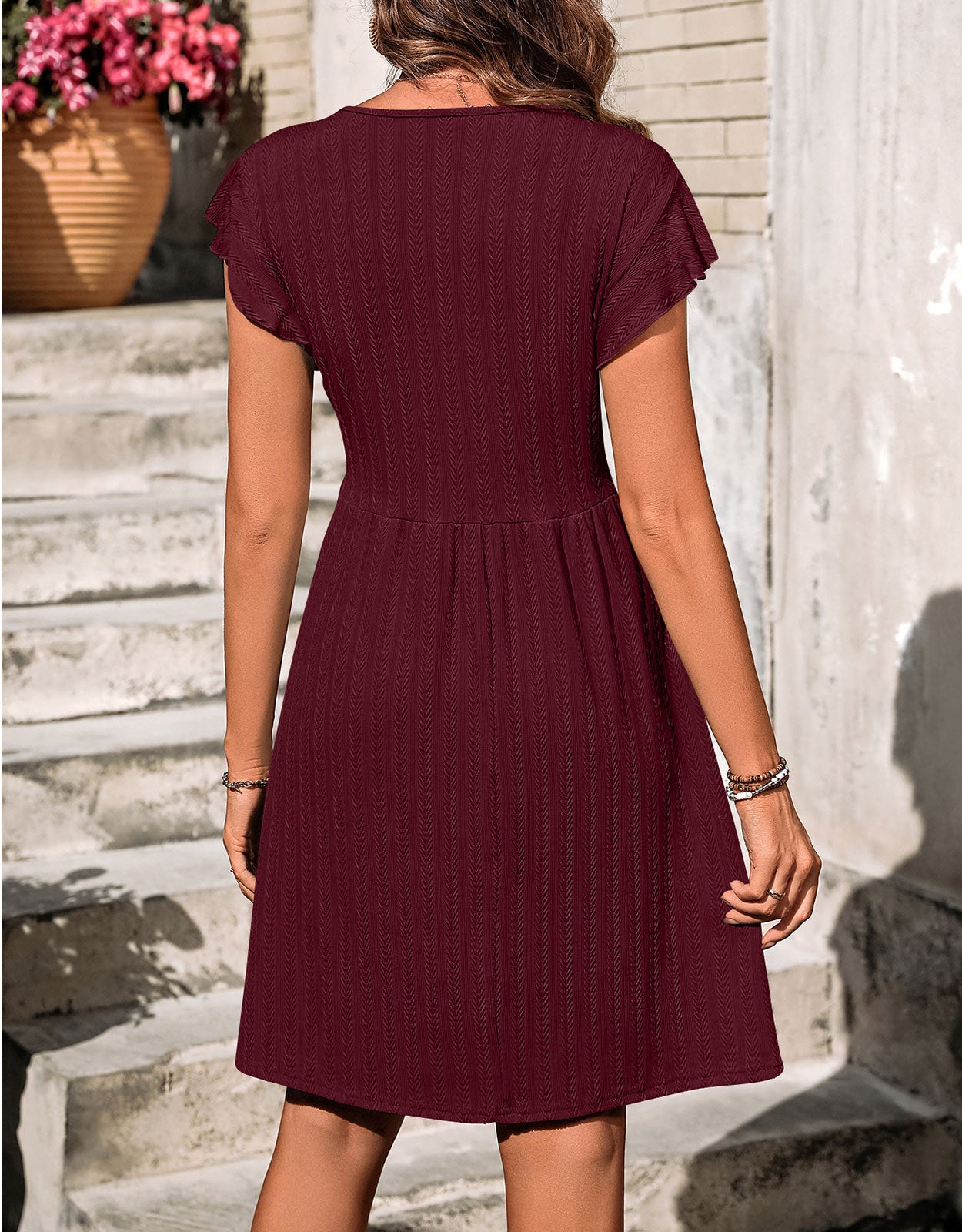 V-neck button knit rattan print short-sleeved dress