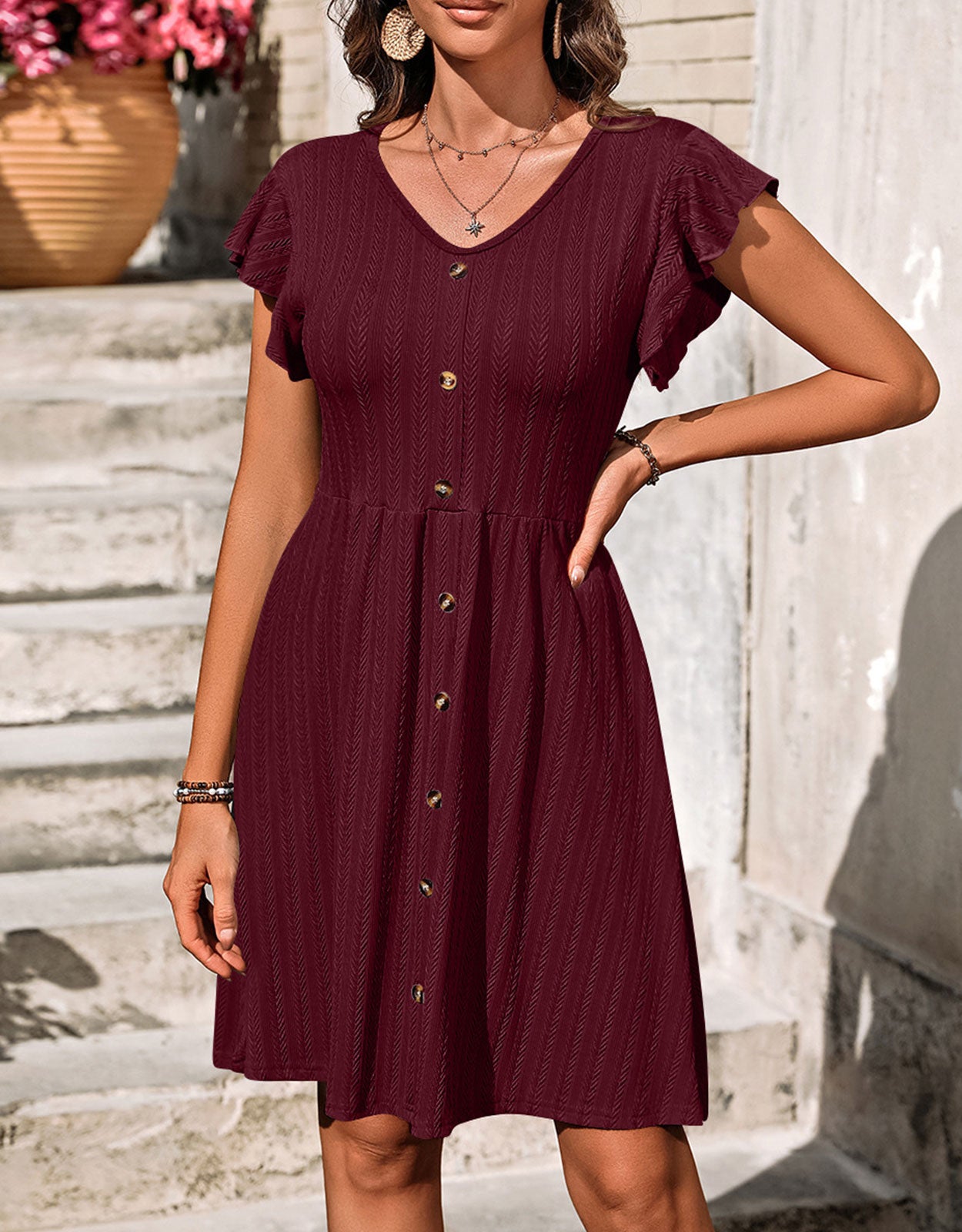 V-neck button knit rattan print short-sleeved dress