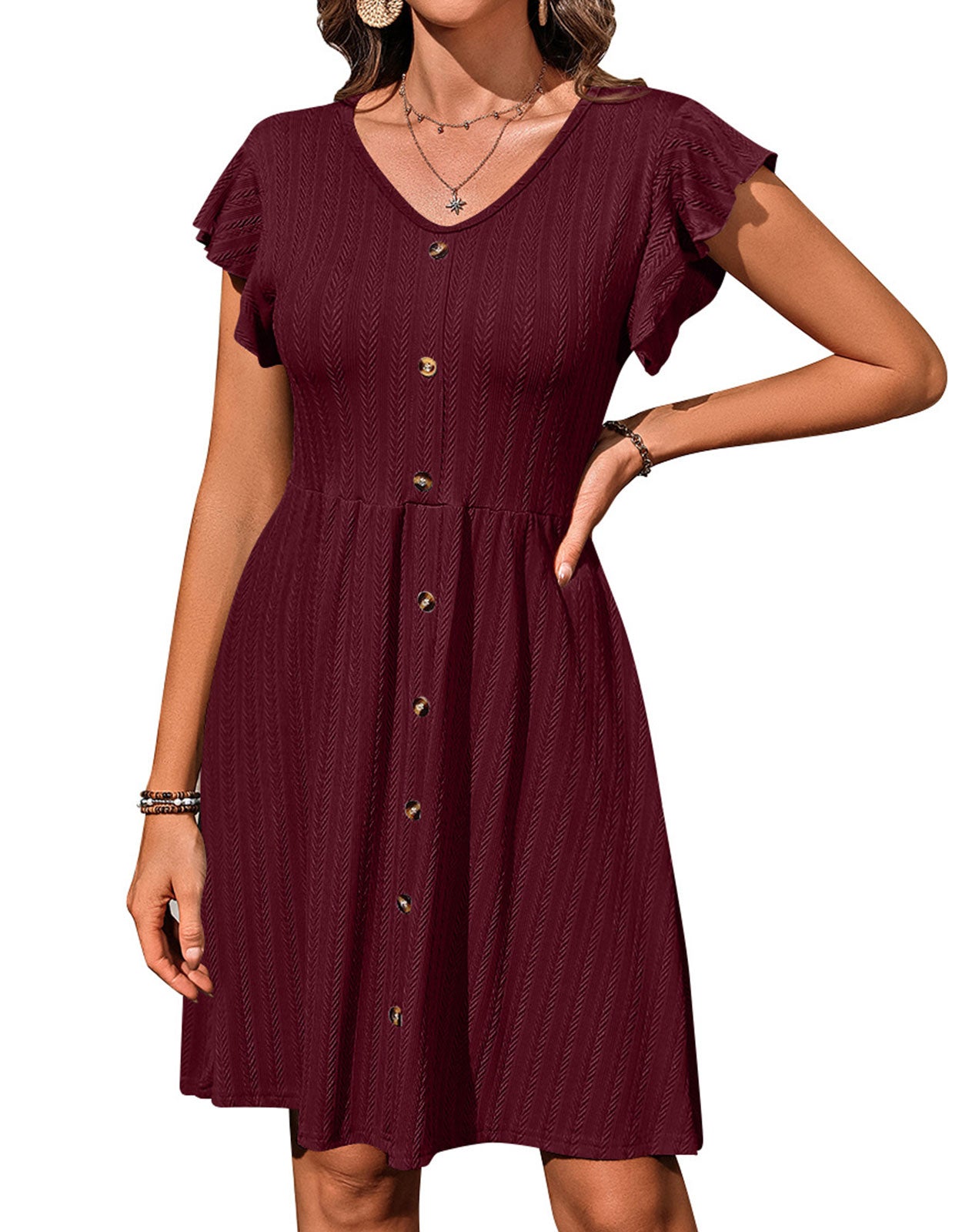 V-neck button knit rattan print short-sleeved dress