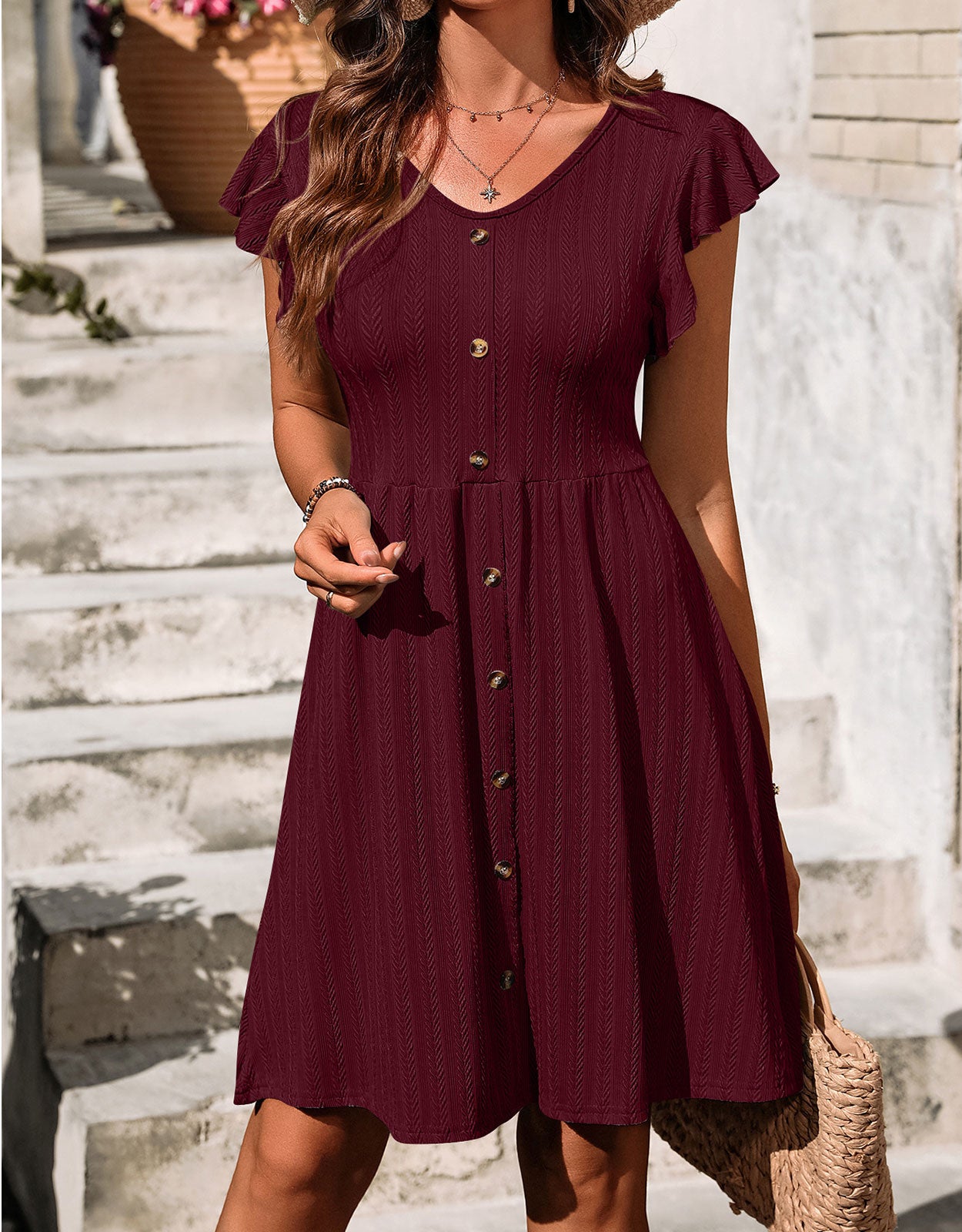 V-neck button knit rattan print short-sleeved dress