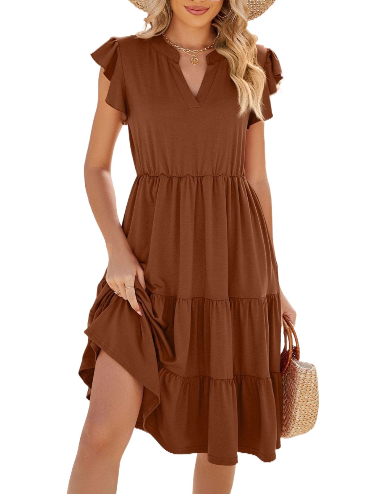 V Neck Ruffled Sleeve Midi Dresses