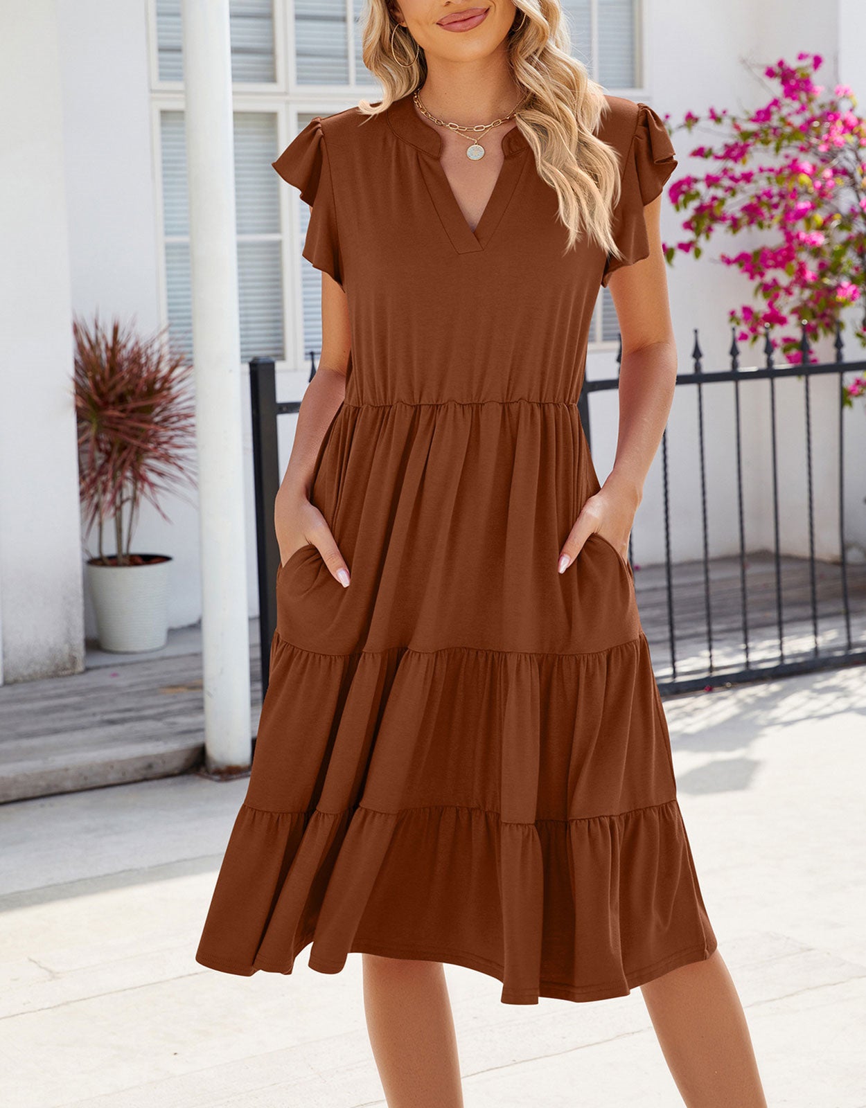 V Neck Ruffled Sleeve Midi Dresses