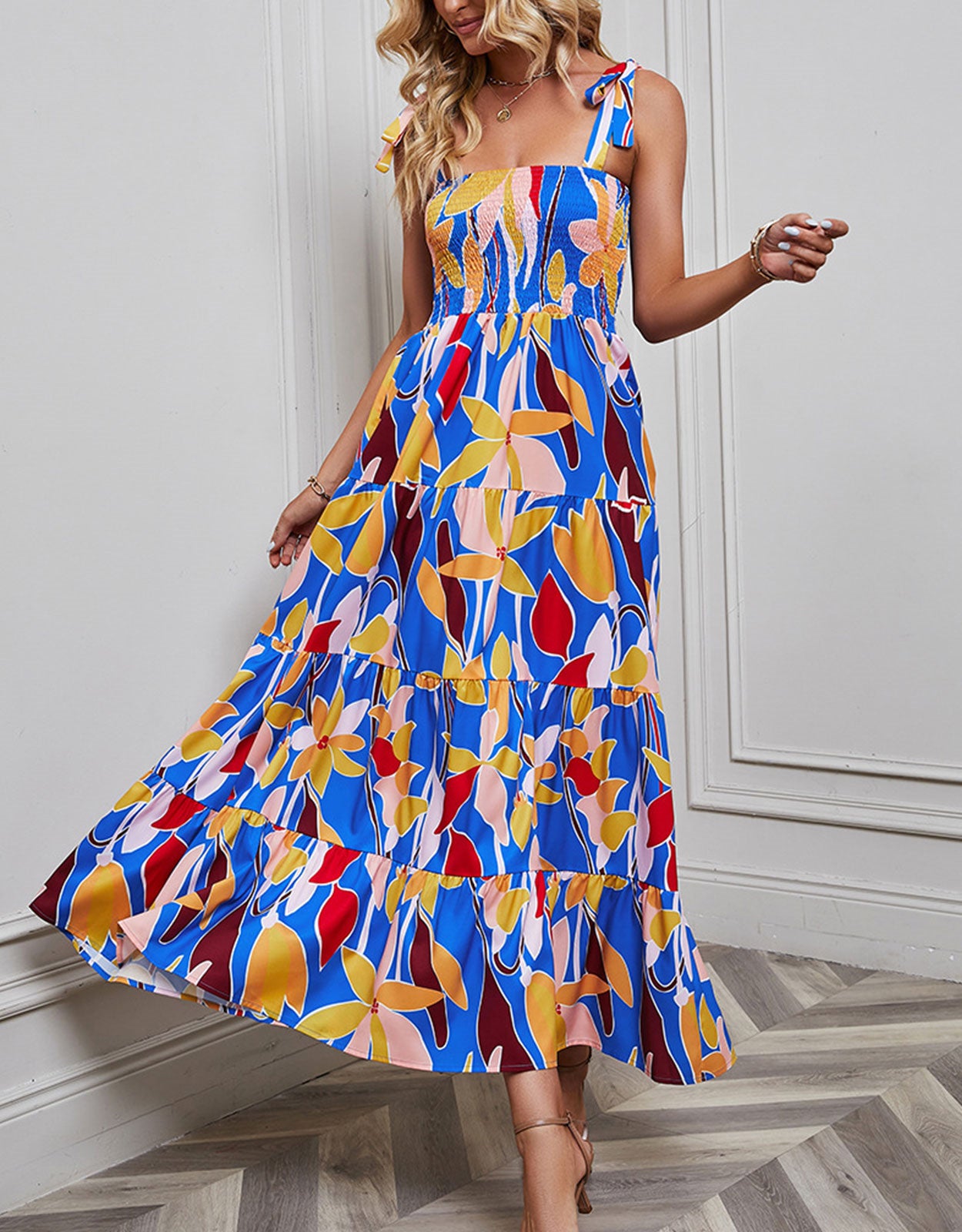 Suspender Pleated Flower Print Dress