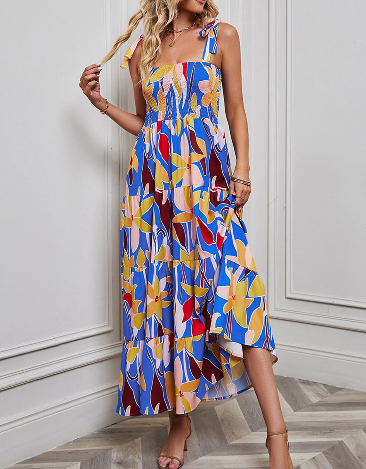 Suspender Pleated Flower Print Dress