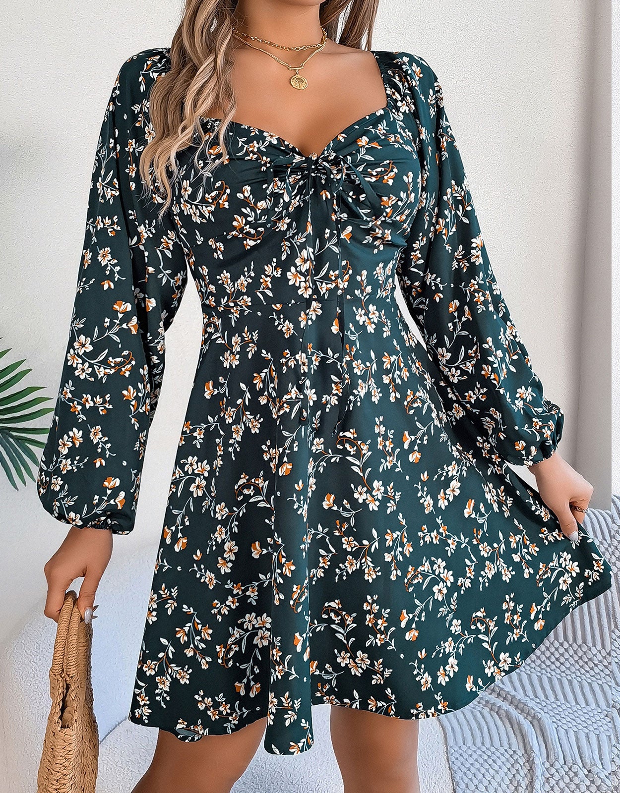 Long Sleeve Low Cut Sexy Bow Print Mini Dress