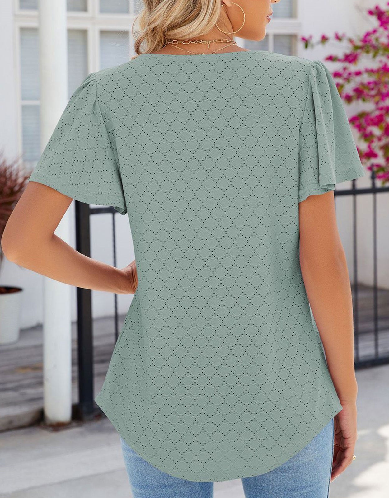 Summer Short-Length Ruffle Sleeve Round Neck Top