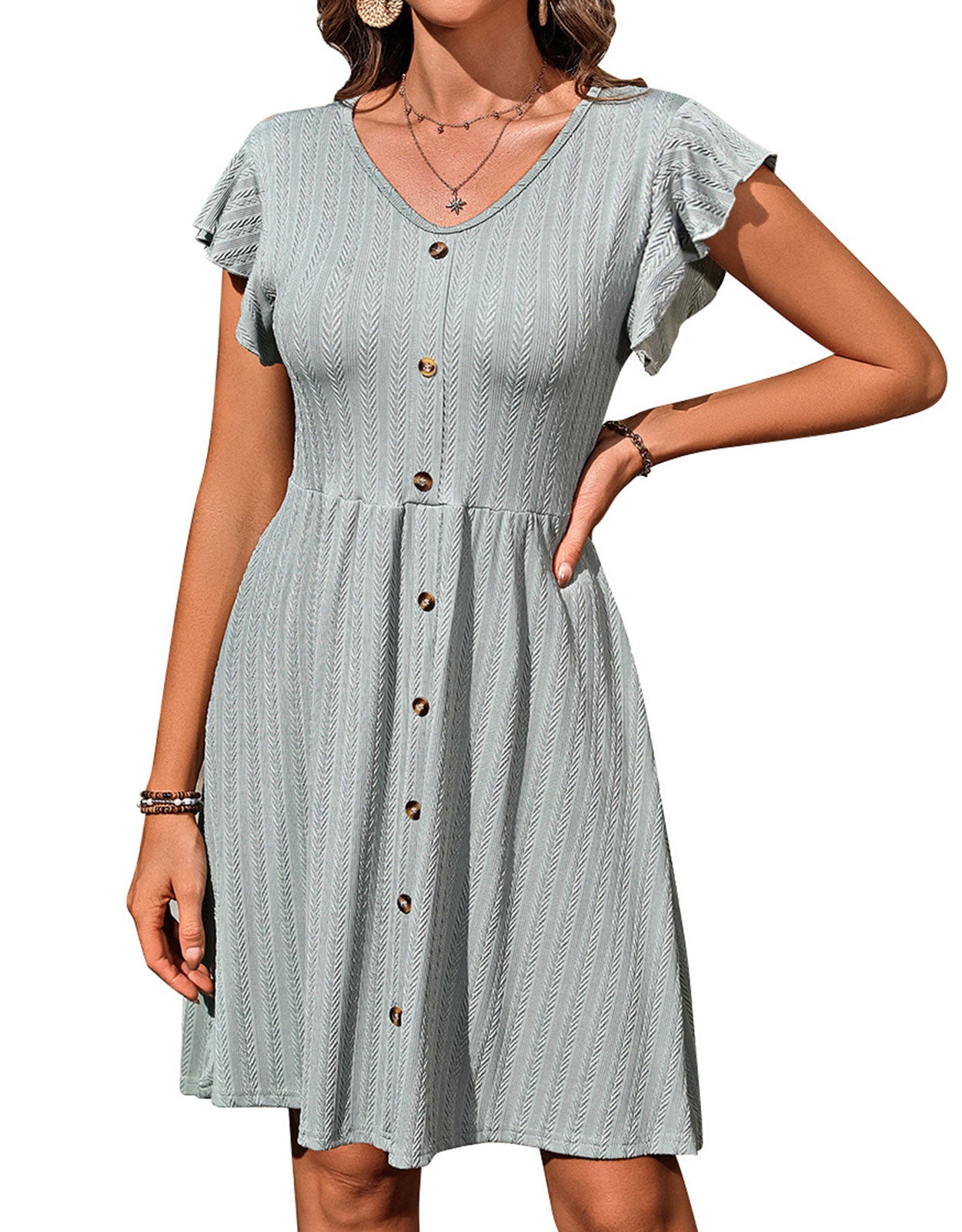V-neck button knit rattan print short-sleeved dress