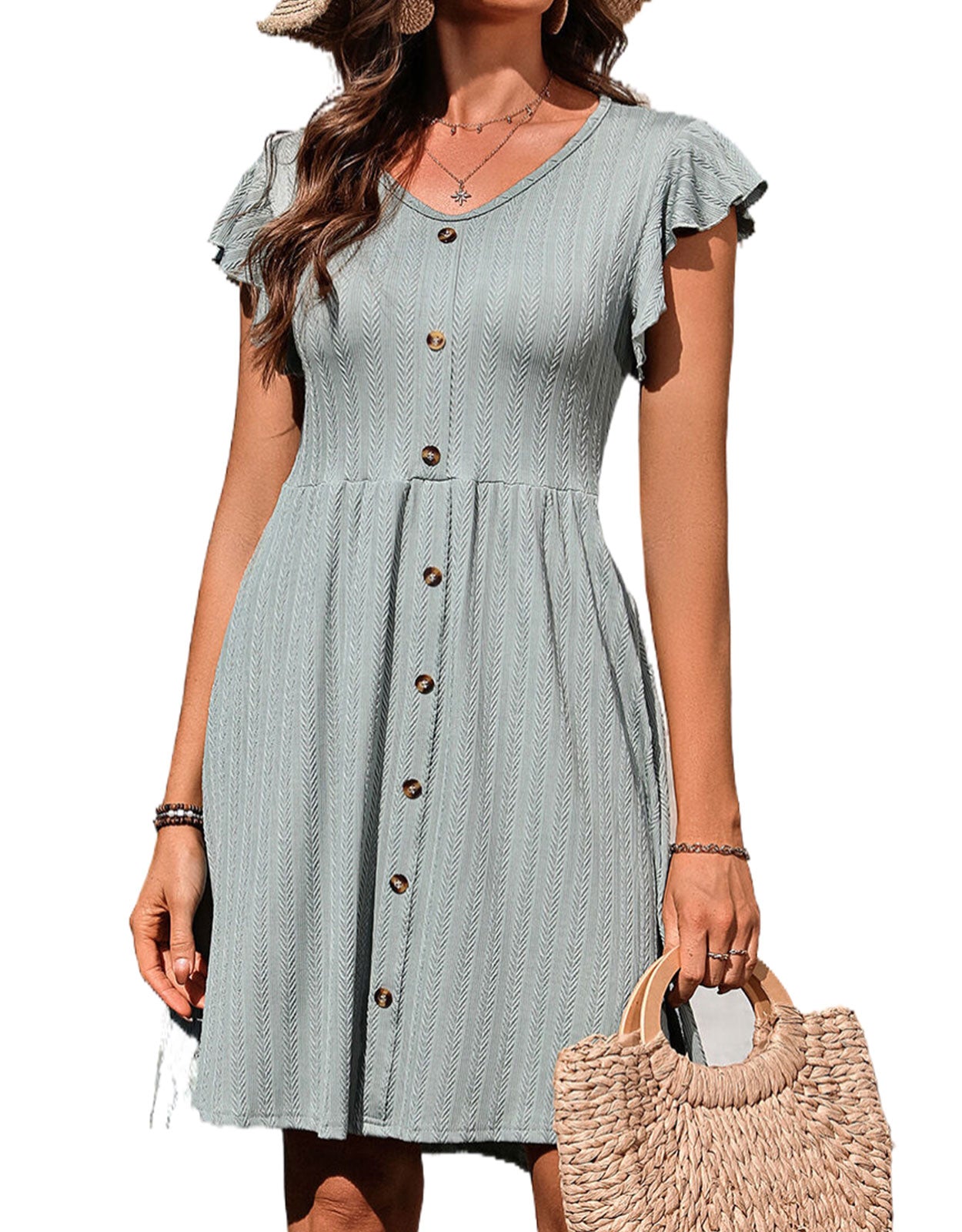 V-neck button knit rattan print short-sleeved dress