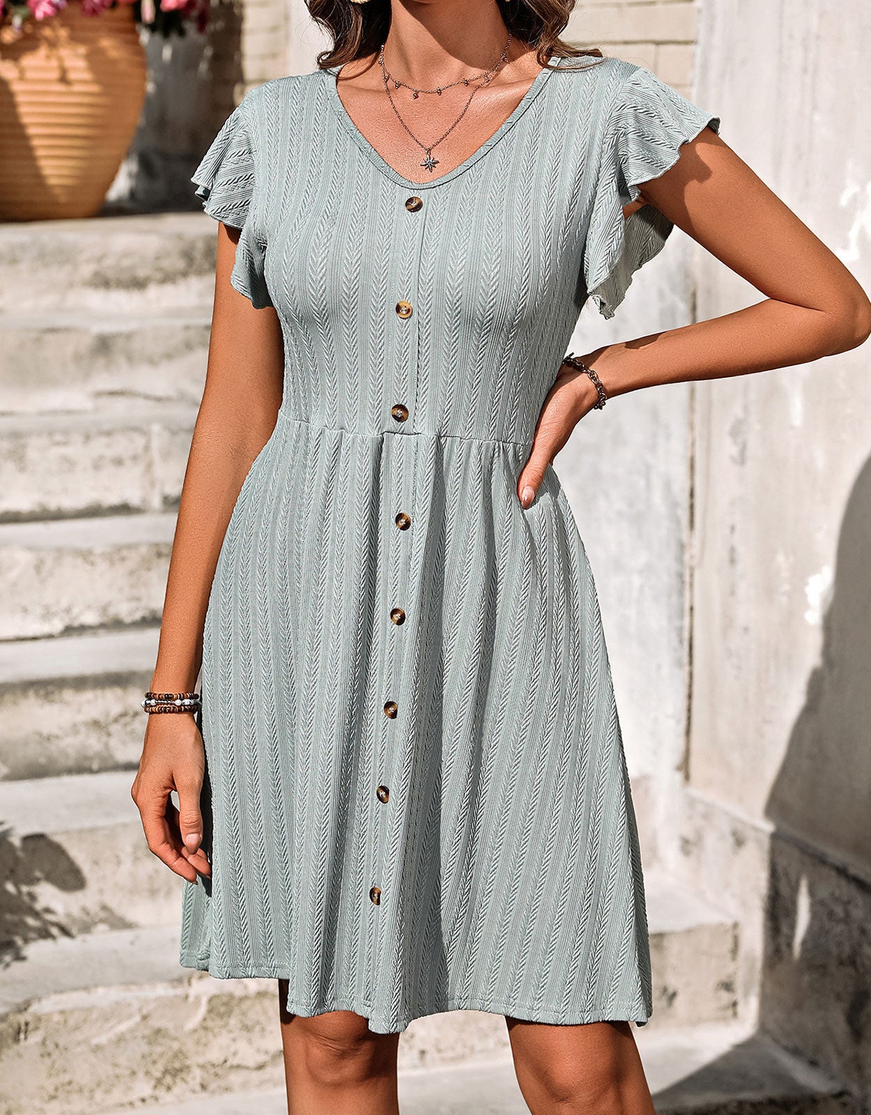V-neck button knit rattan print short-sleeved dress