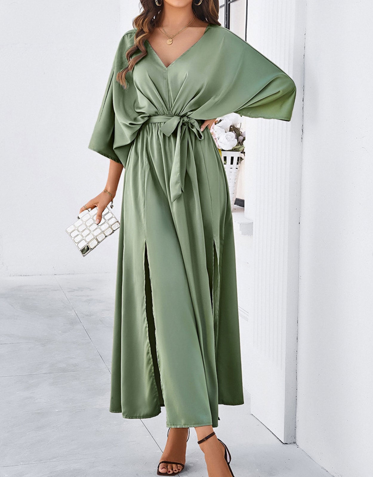 V-Neck Satin High Waist Loose Dress